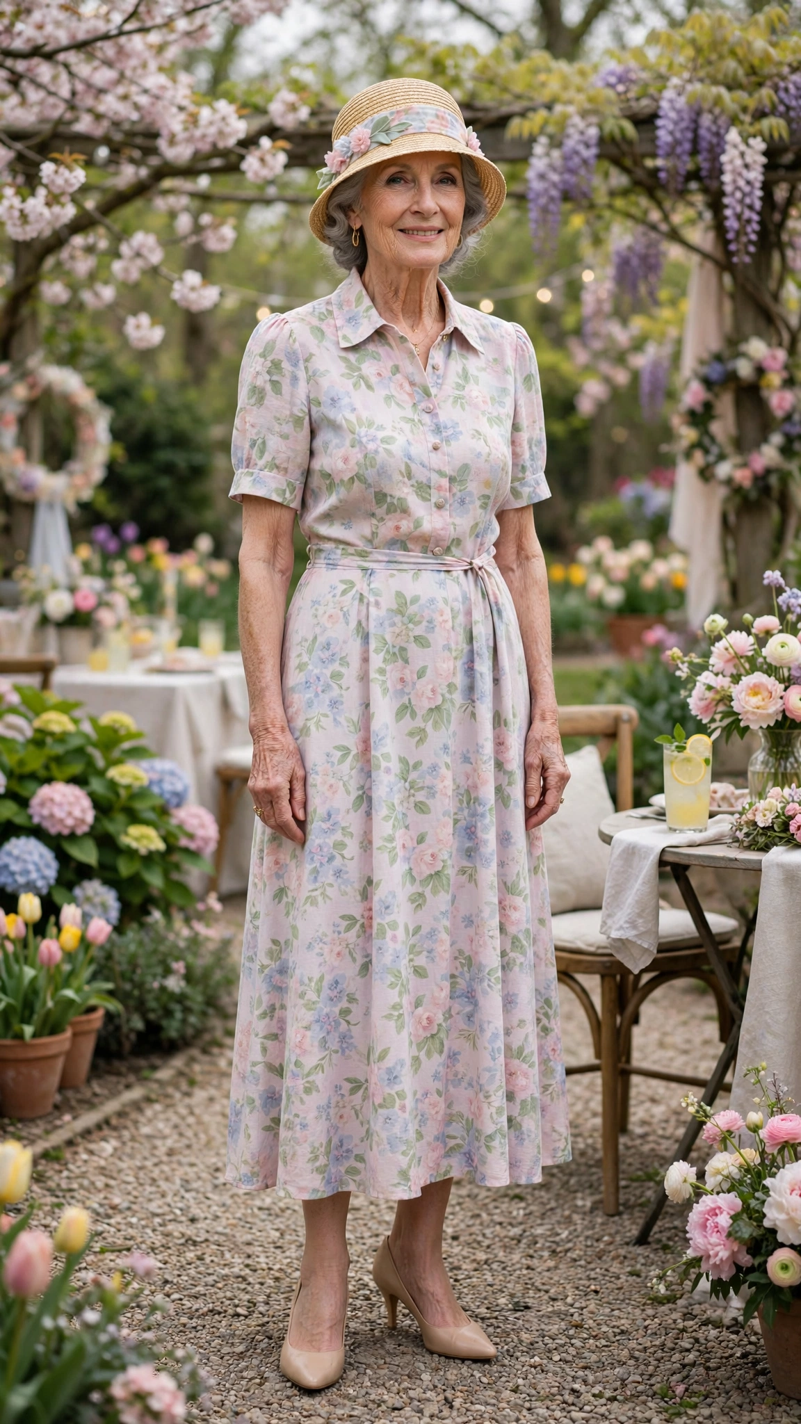 Floral pastel dress with a straw cloche hat and nude heels