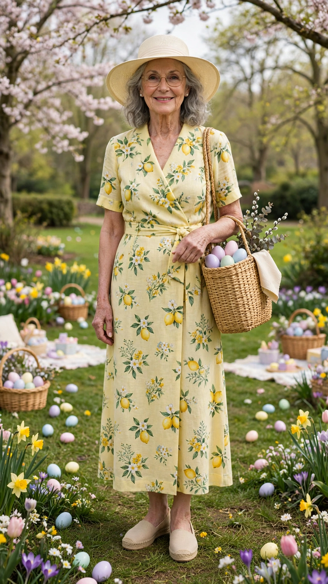Lemon floral dress with a cream sun hat and a woven tote