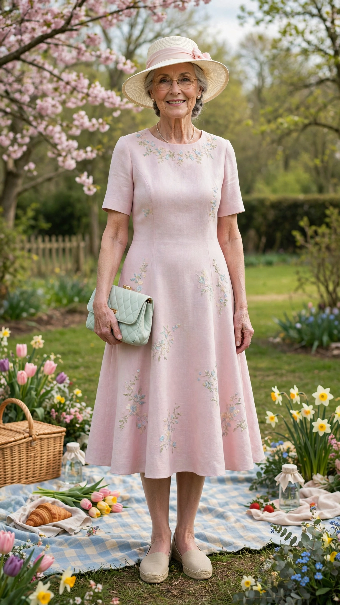 Pastel A-line dress with a cream straw hat and a pastel clutch
