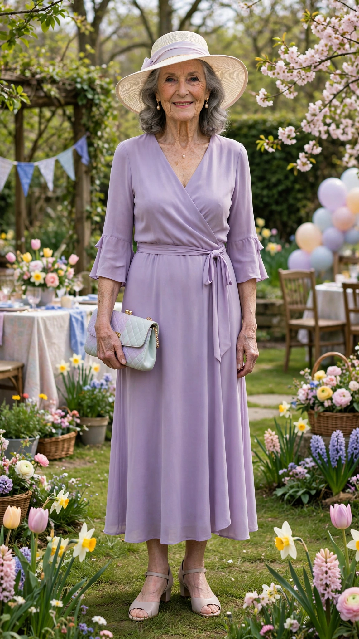 Lavender wrap dress with a pale wide-brim hat and a pastel clutch