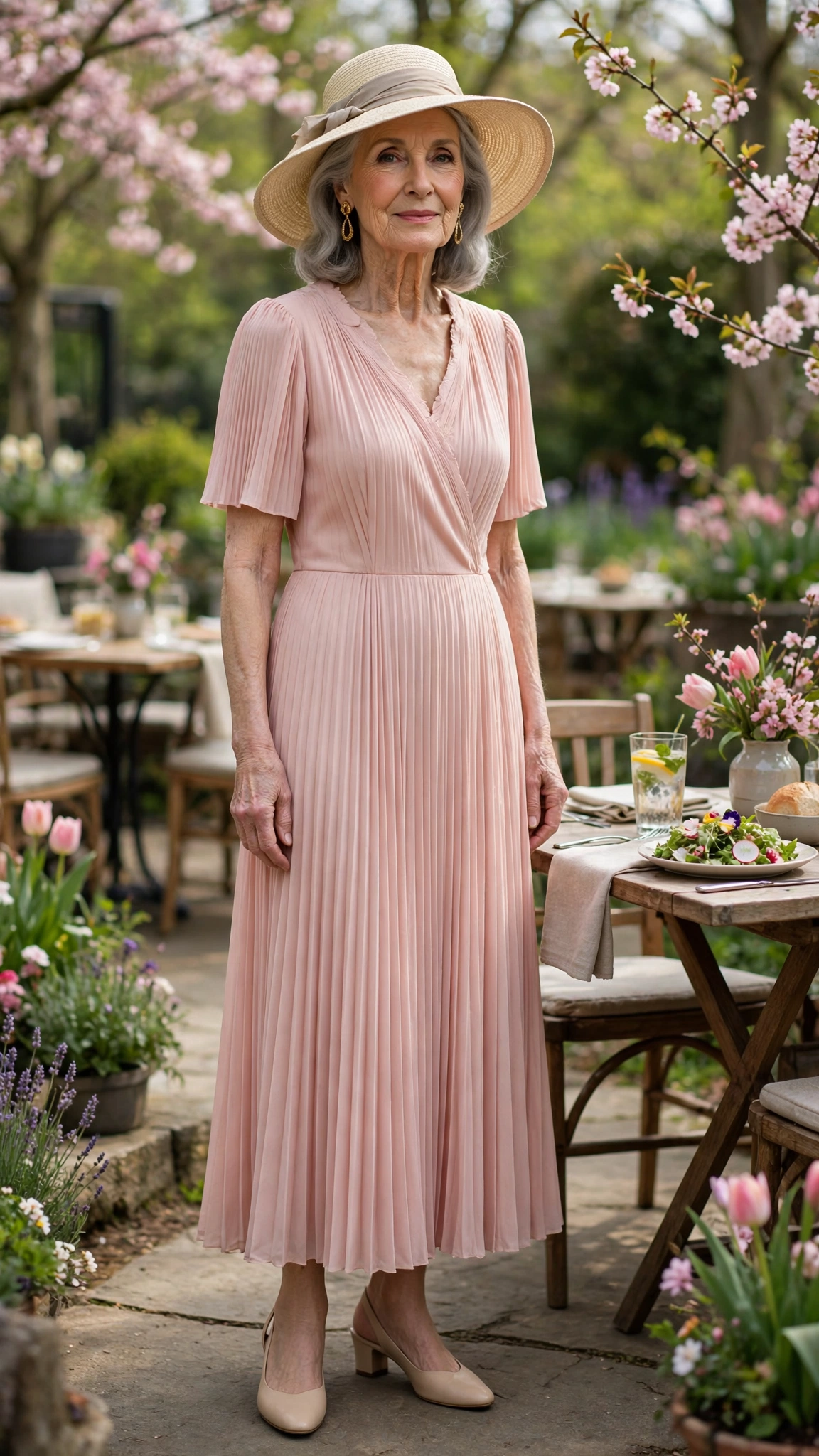 Blush pleated dress with a beige garden hat and gold earrings