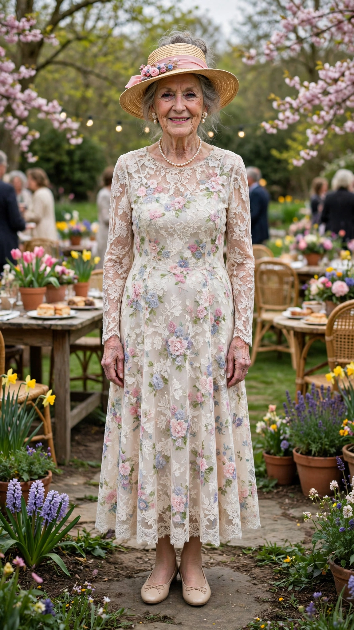 Floral lace dress with a straw hat and pearl earrings