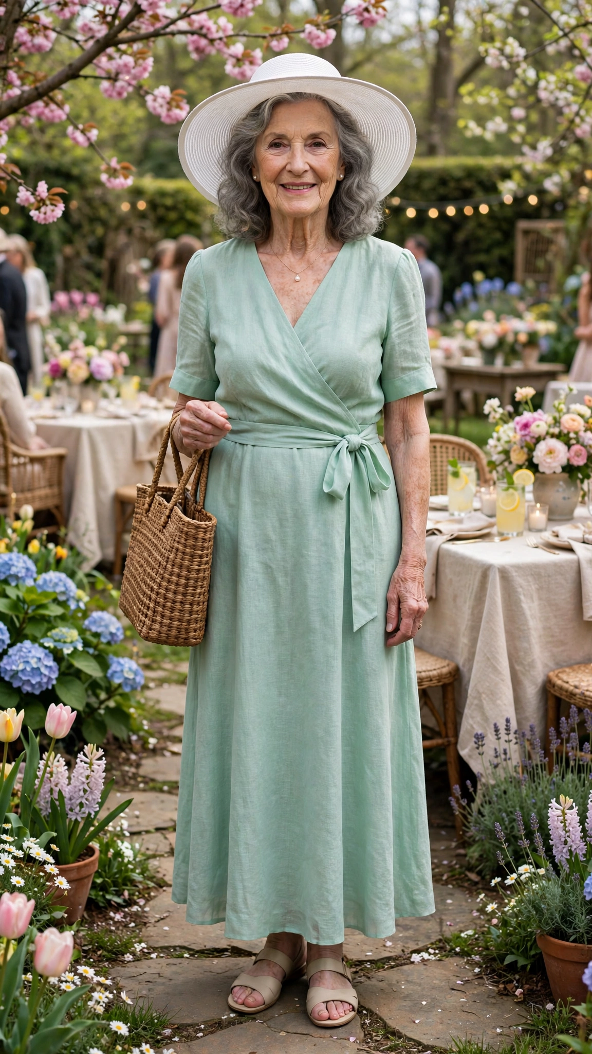 Mint wrap dress with a white wide-brim hat and a woven tote