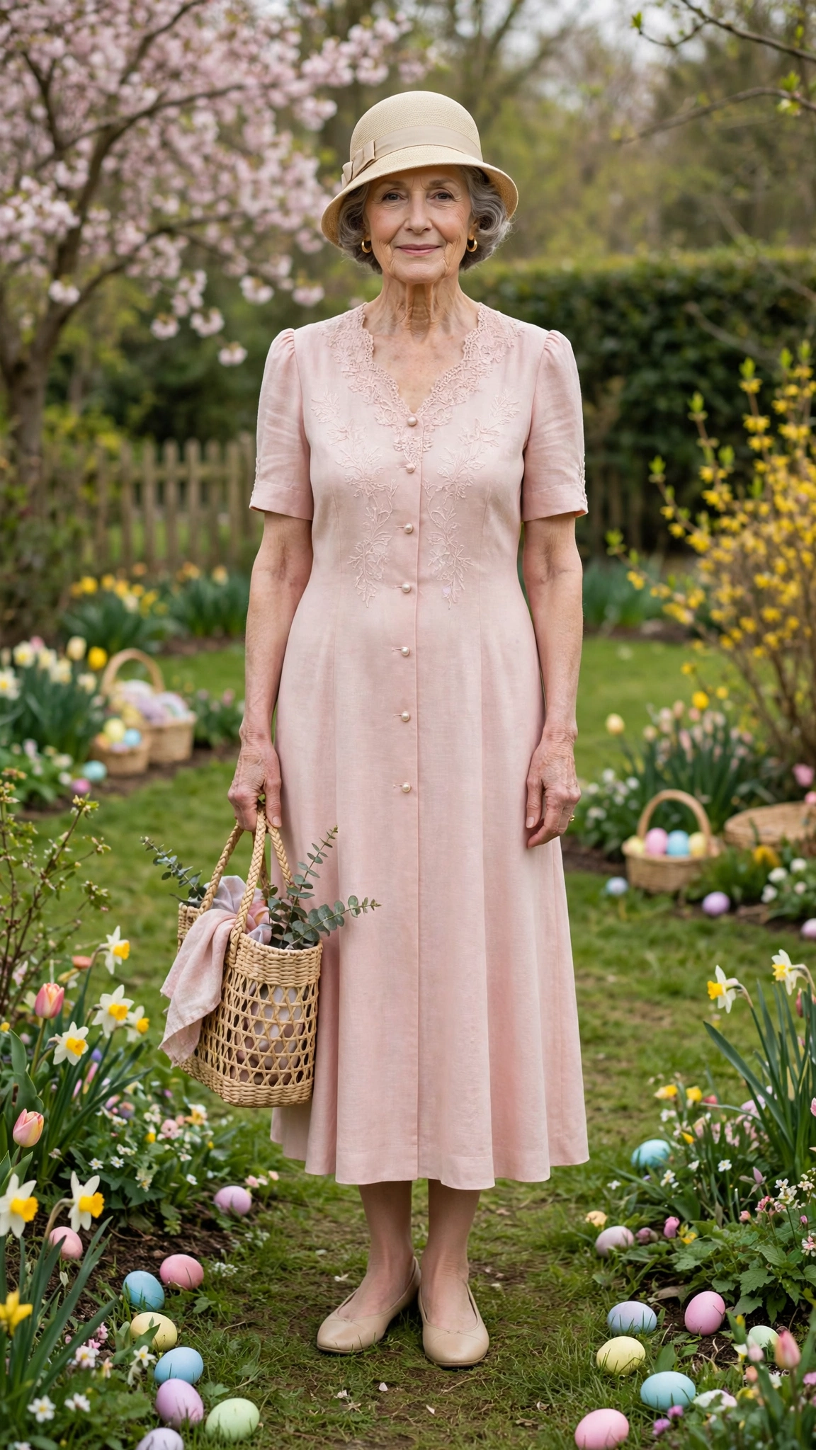 Blush pastel dress with a beige cloche hat and a woven tote