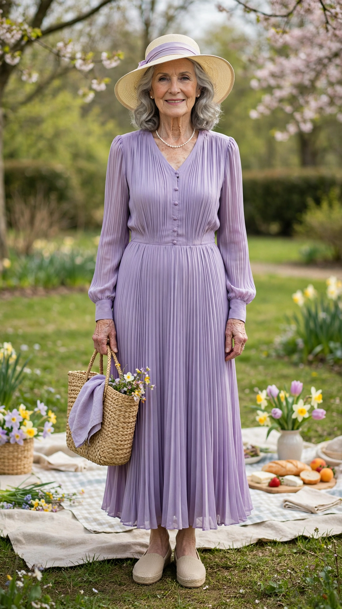Lavender pleated dress with a pale garden hat and a woven tote