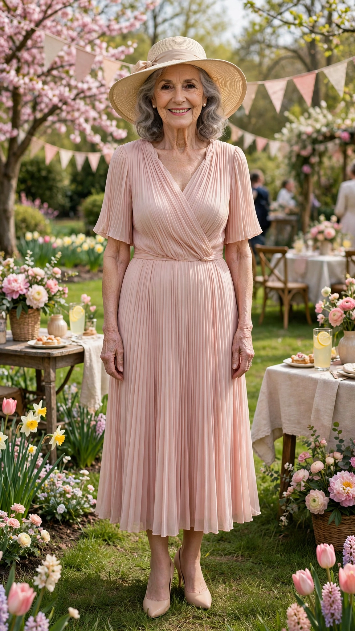 Blush pleated dress with a beige garden hat and nude heels