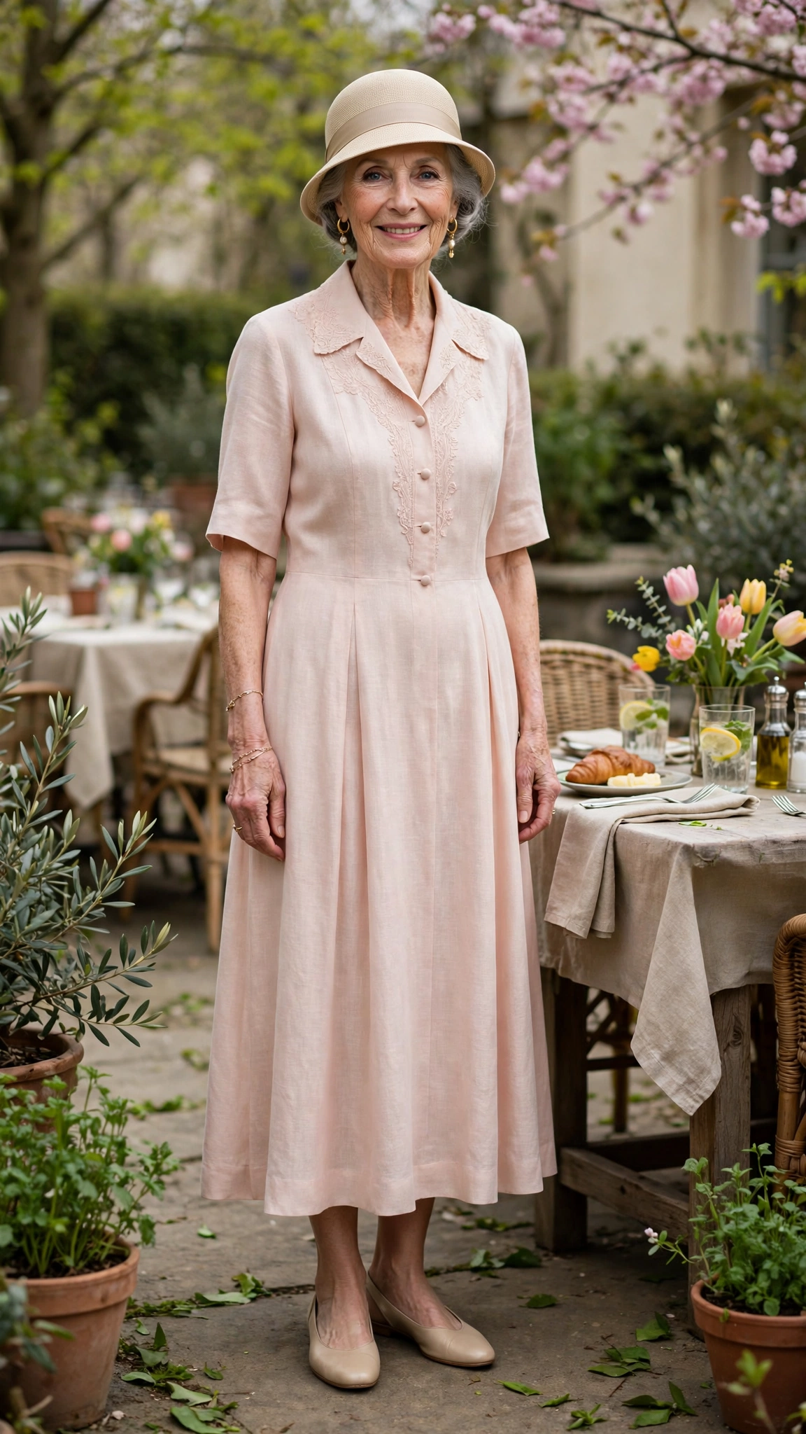 Blush pastel dress with a beige cloche hat and gold earrings