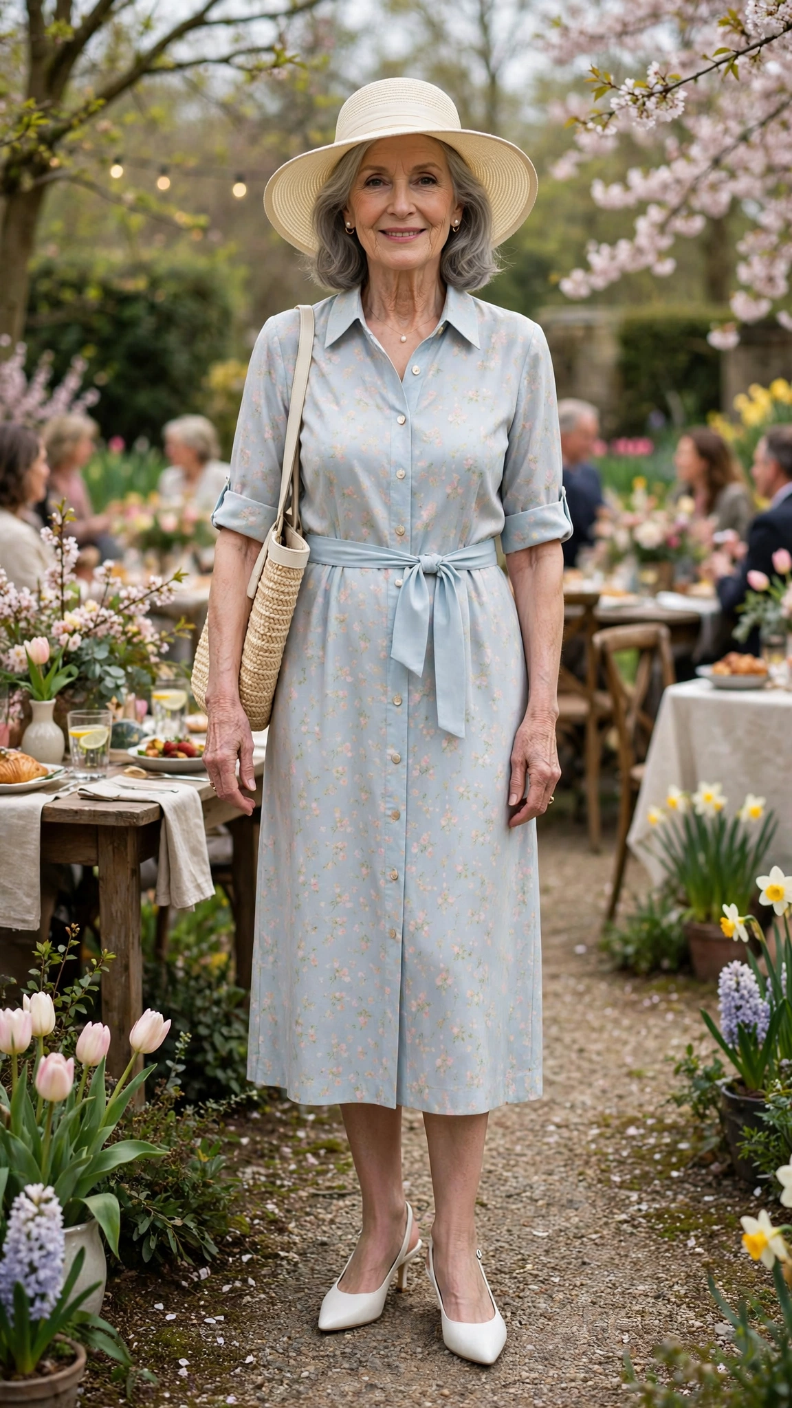 Pastel shirt dress with a cream sun hat and white slingbacks