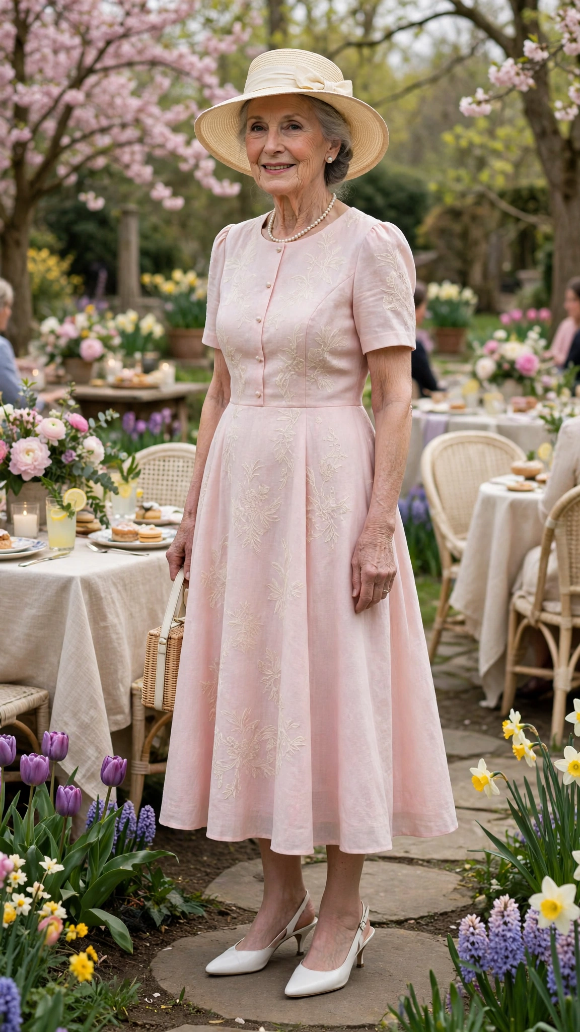 Pastel A-line dress with a cream straw hat and white slingbacks