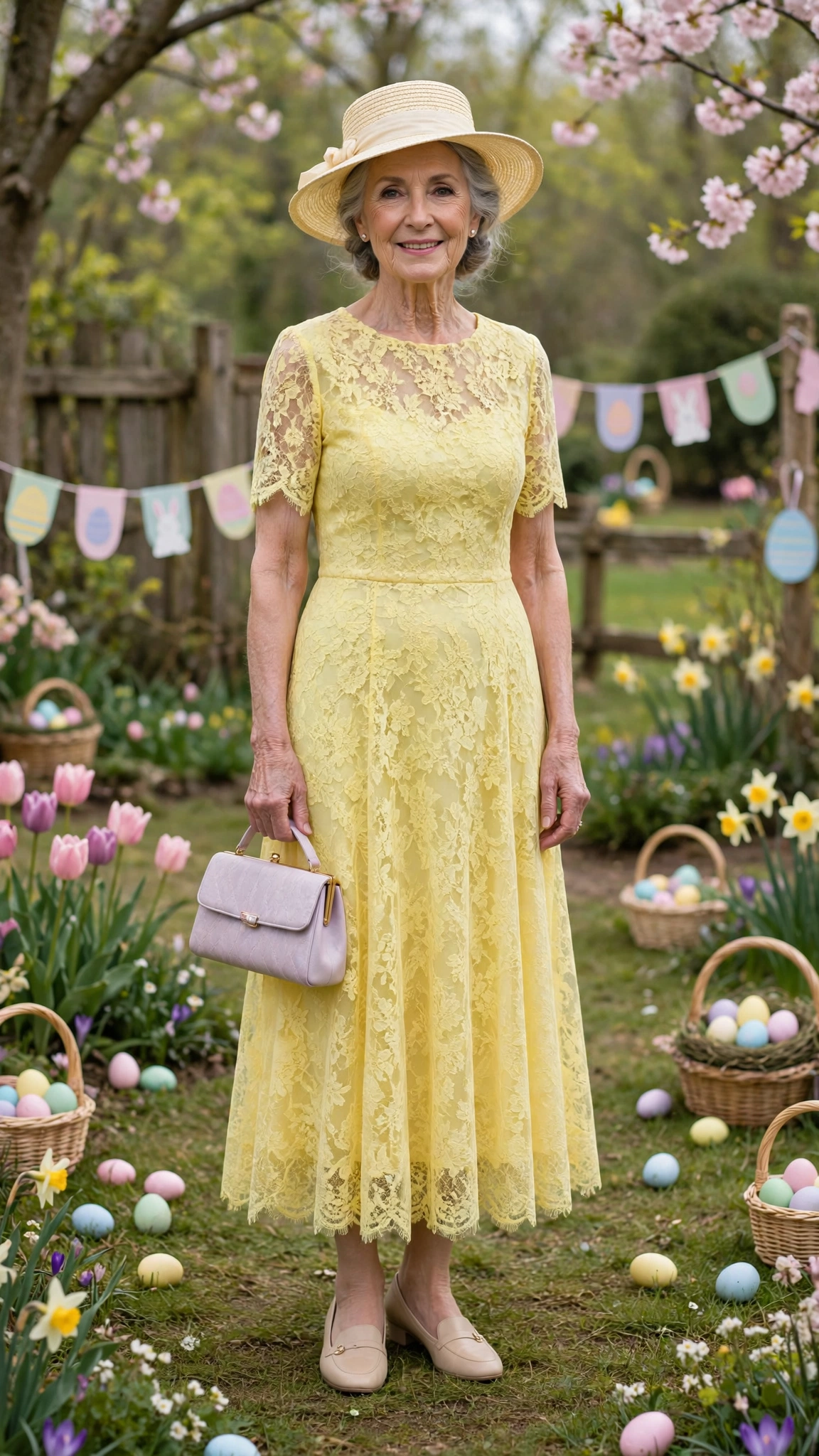 Lemon lace dress with a cream straw hat and a pastel clutch