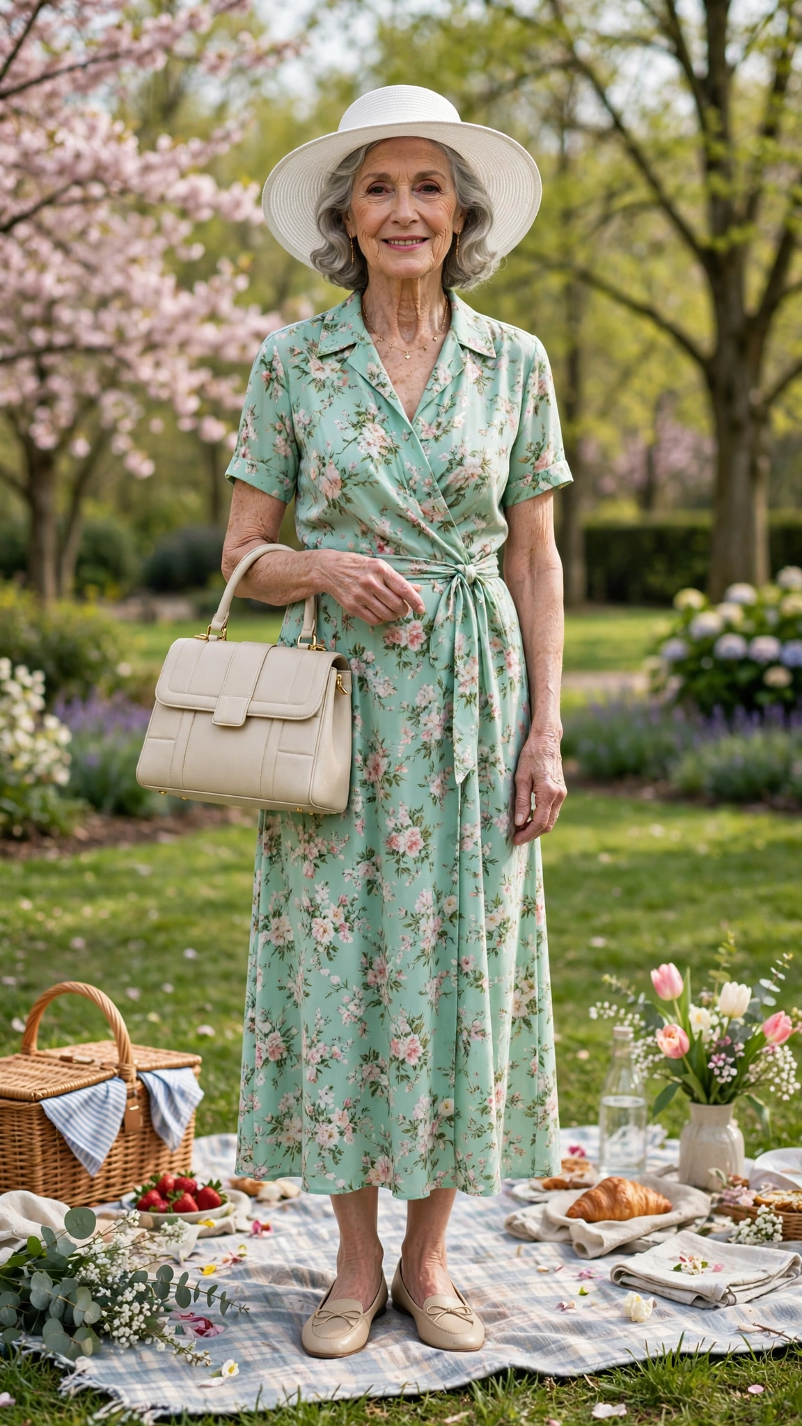 Mint floral dress with a white sun hat and a structured handbag