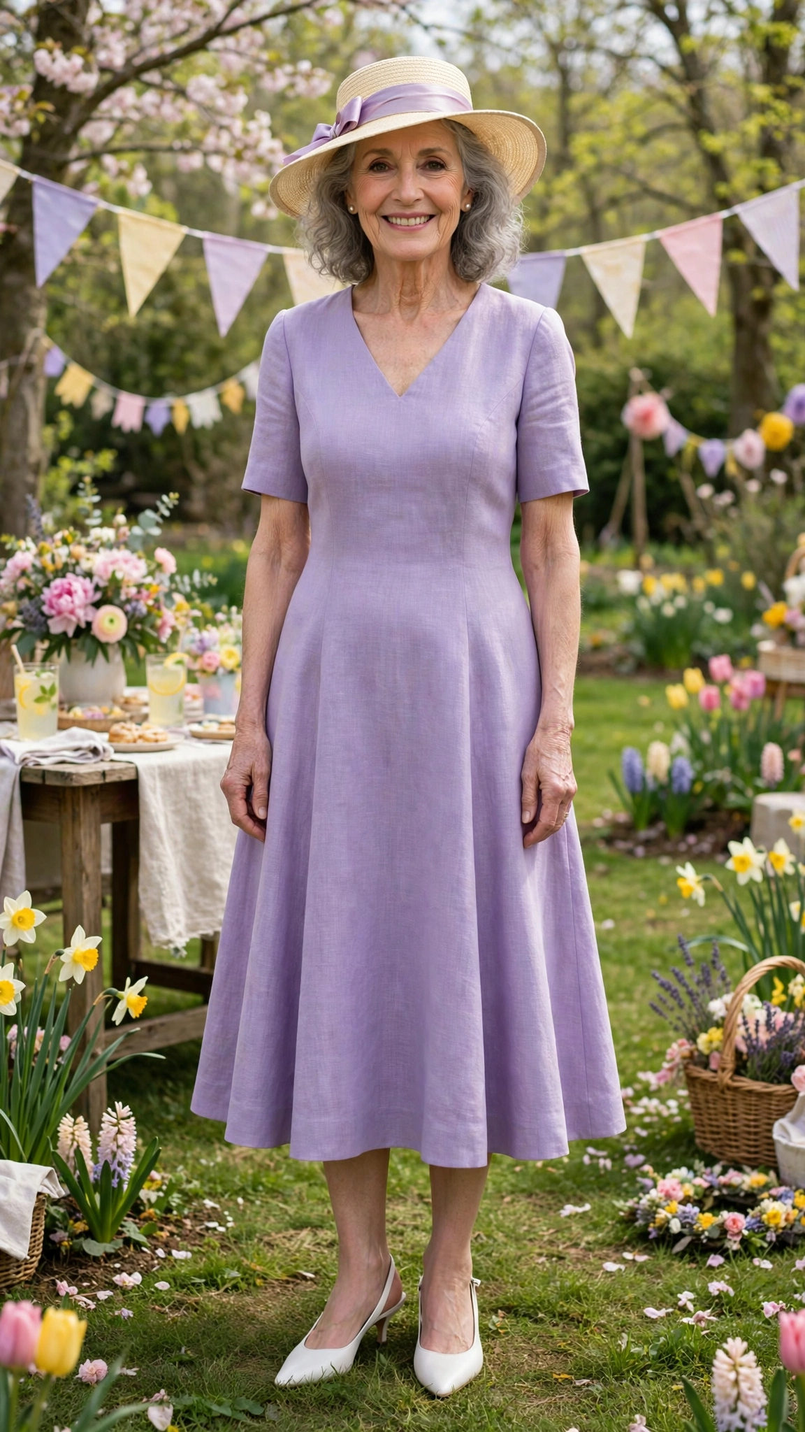 Lavender A-line dress with a pale straw hat and white slingbacks