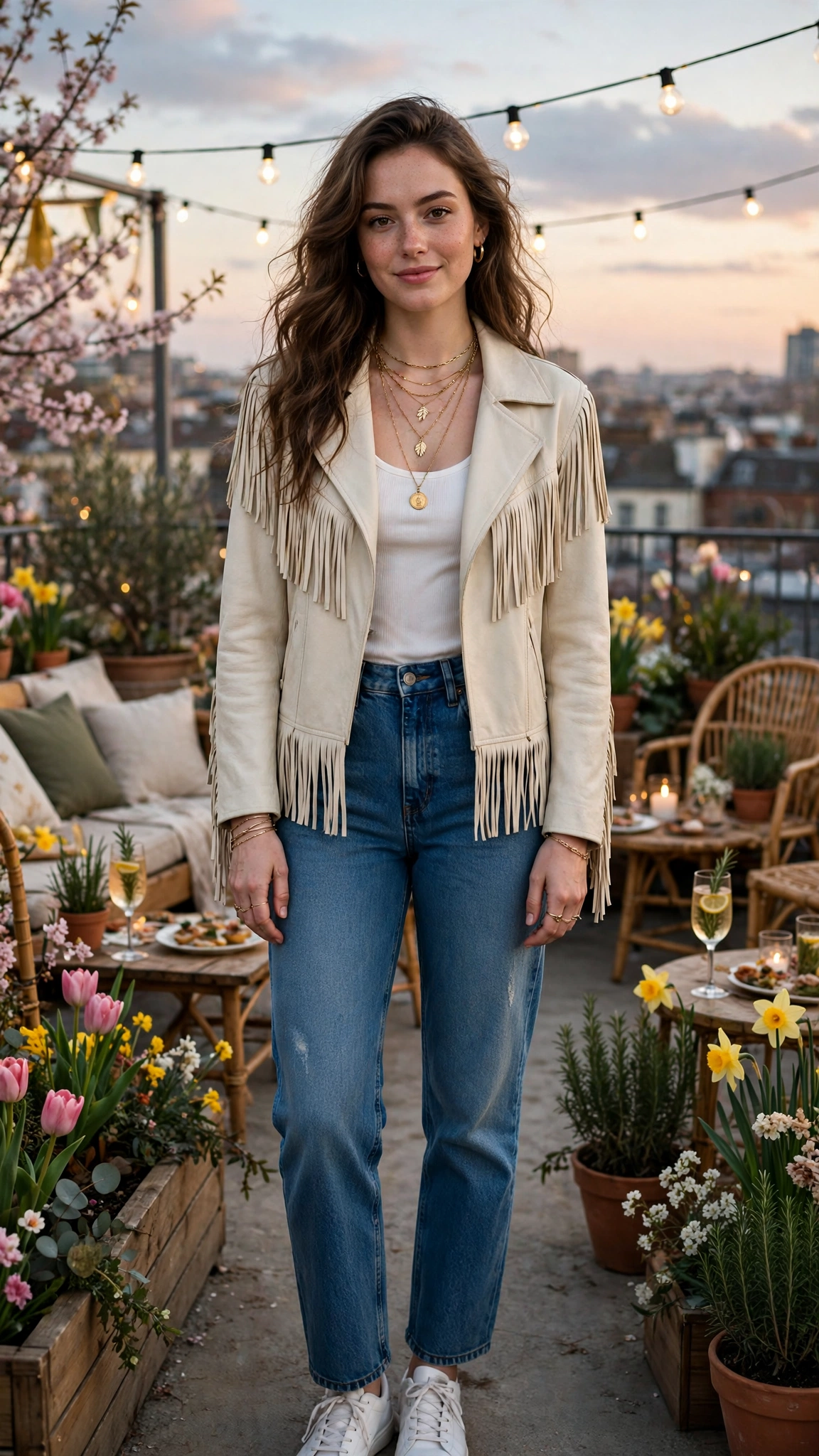 Cream leather fringe jacket and jeans with layered necklaces