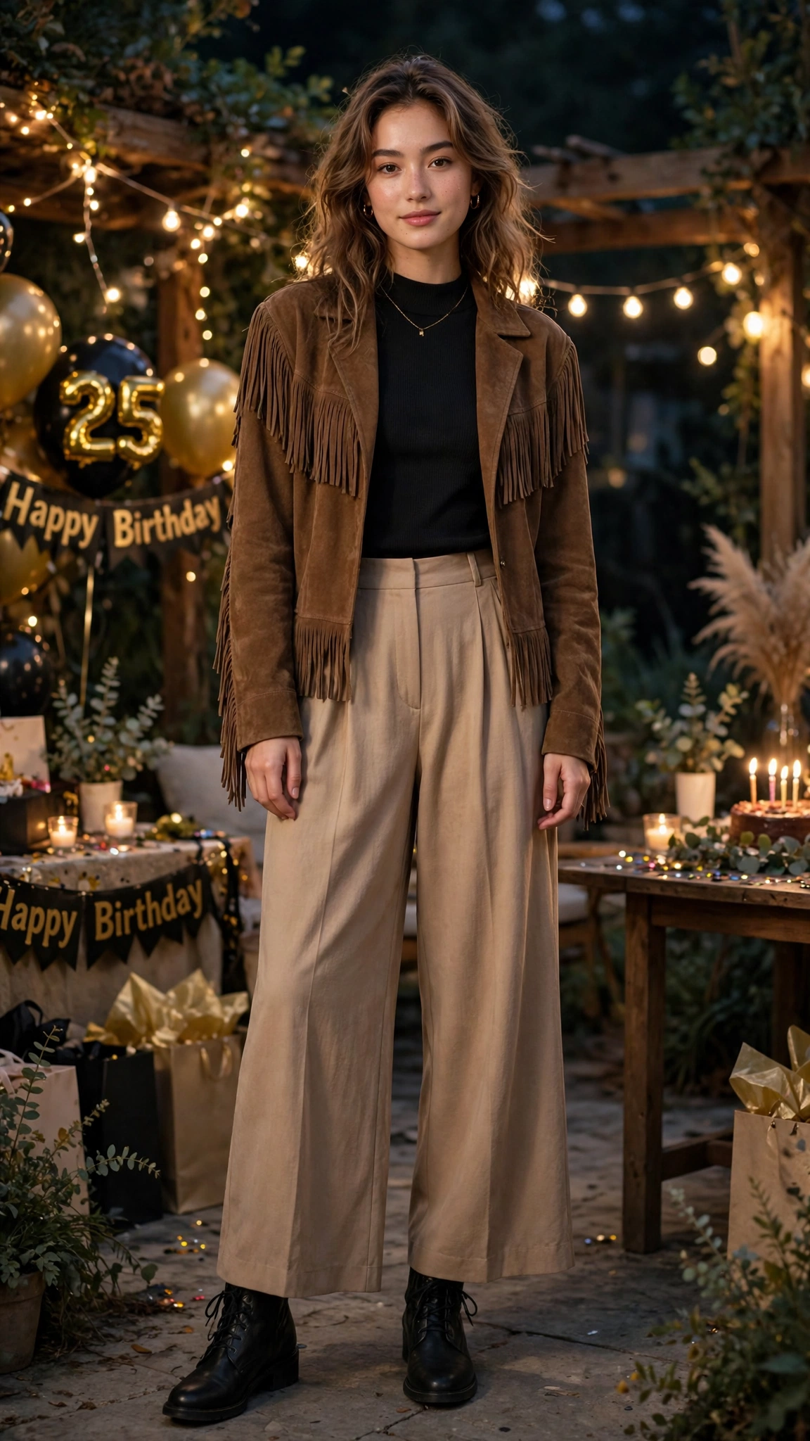 Brown suede fringe jacket and wide-leg trousers with ankle boots