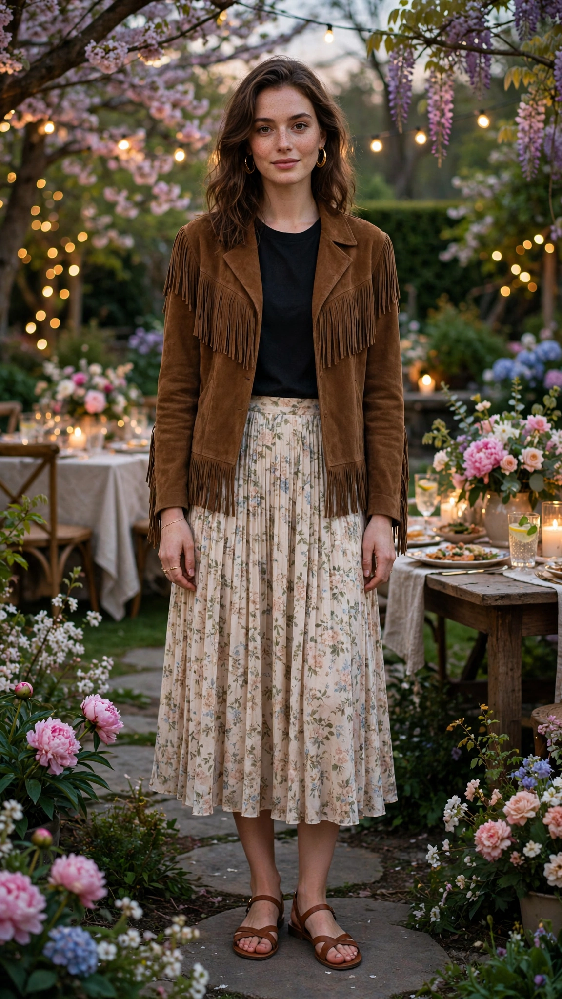 Brown suede fringe jacket and a midi skirt with gold hoop earrings