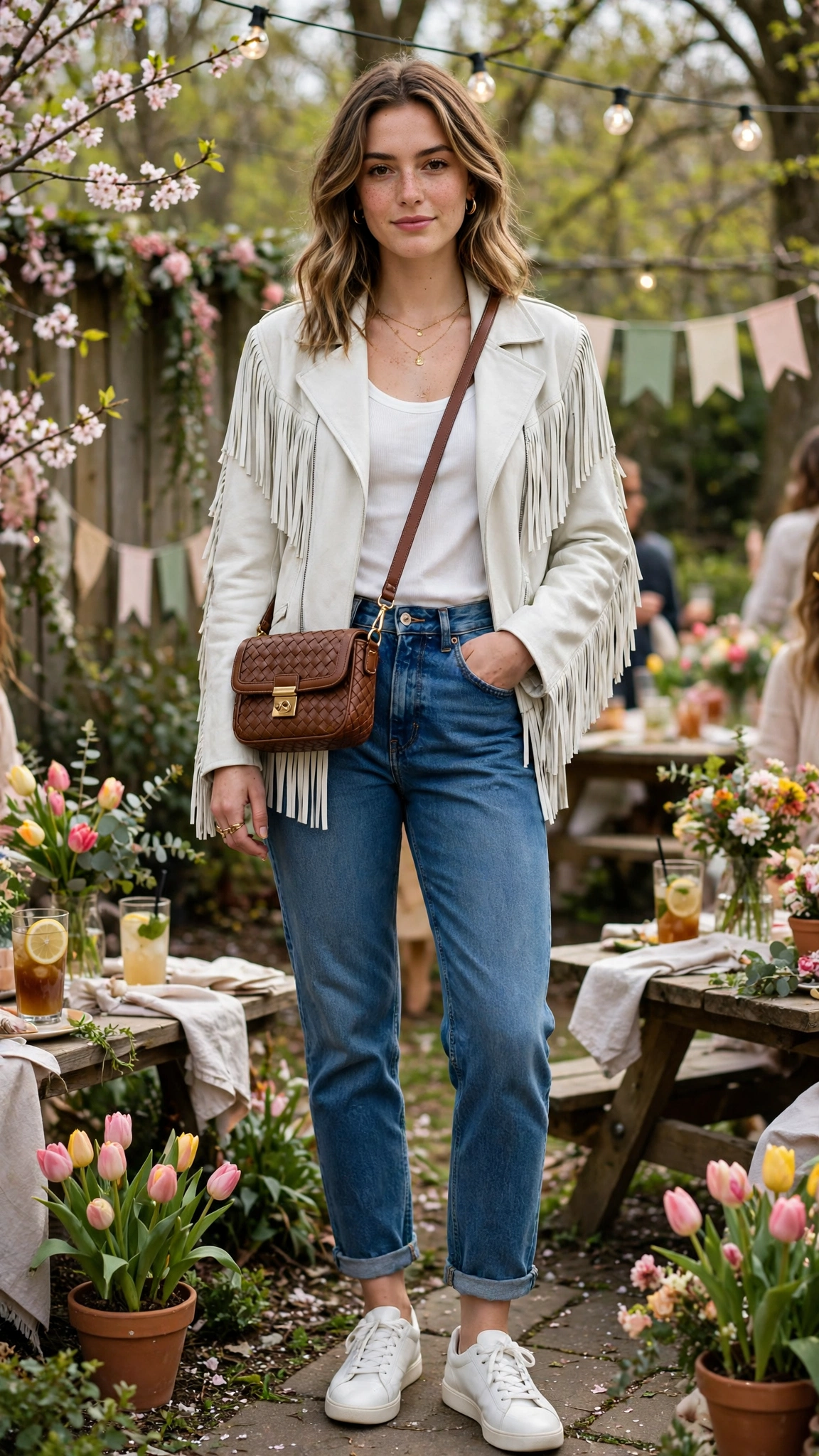 White leather fringe jacket and jeans with a crossbody bag