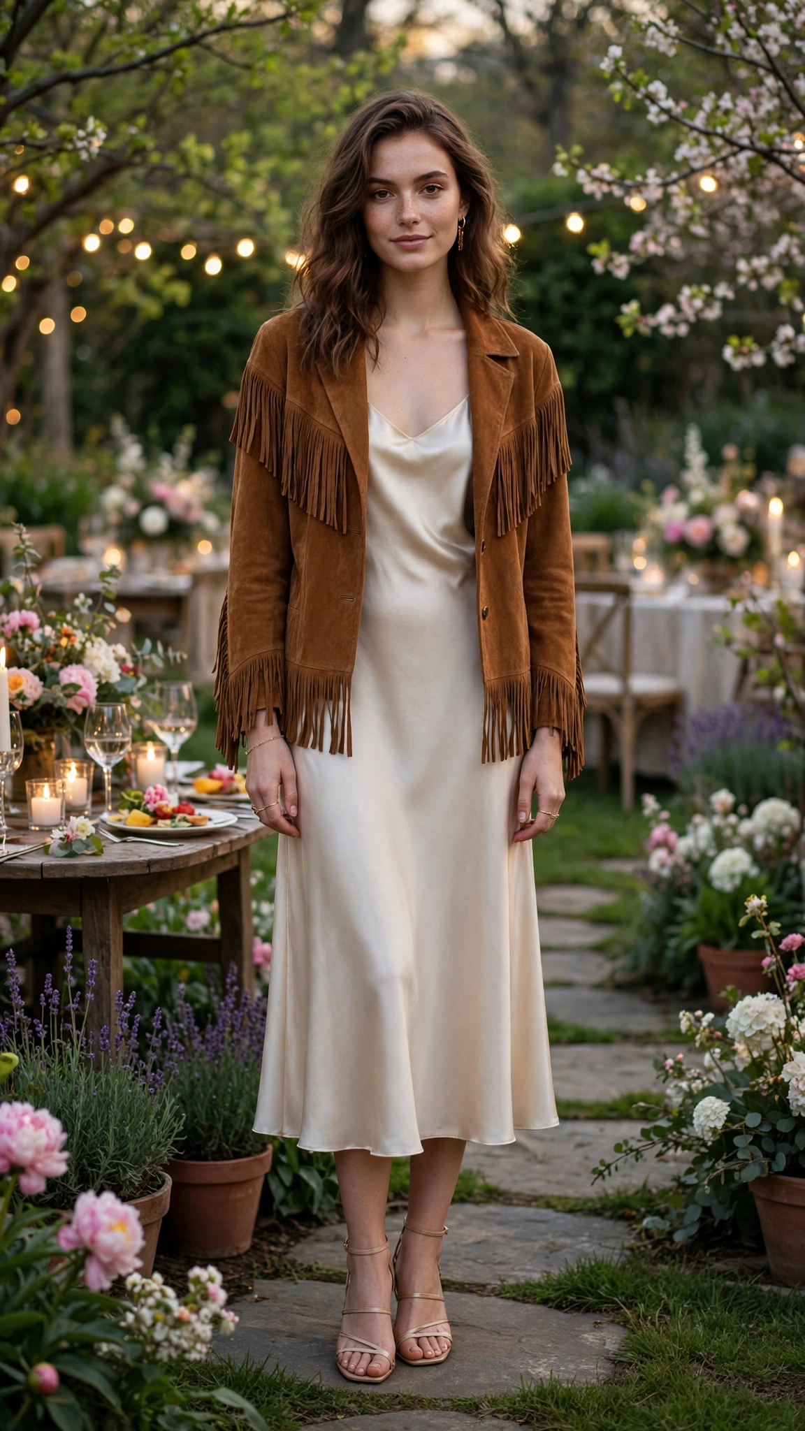 Cognac fringe jacket and a slip dress with a silk camisole