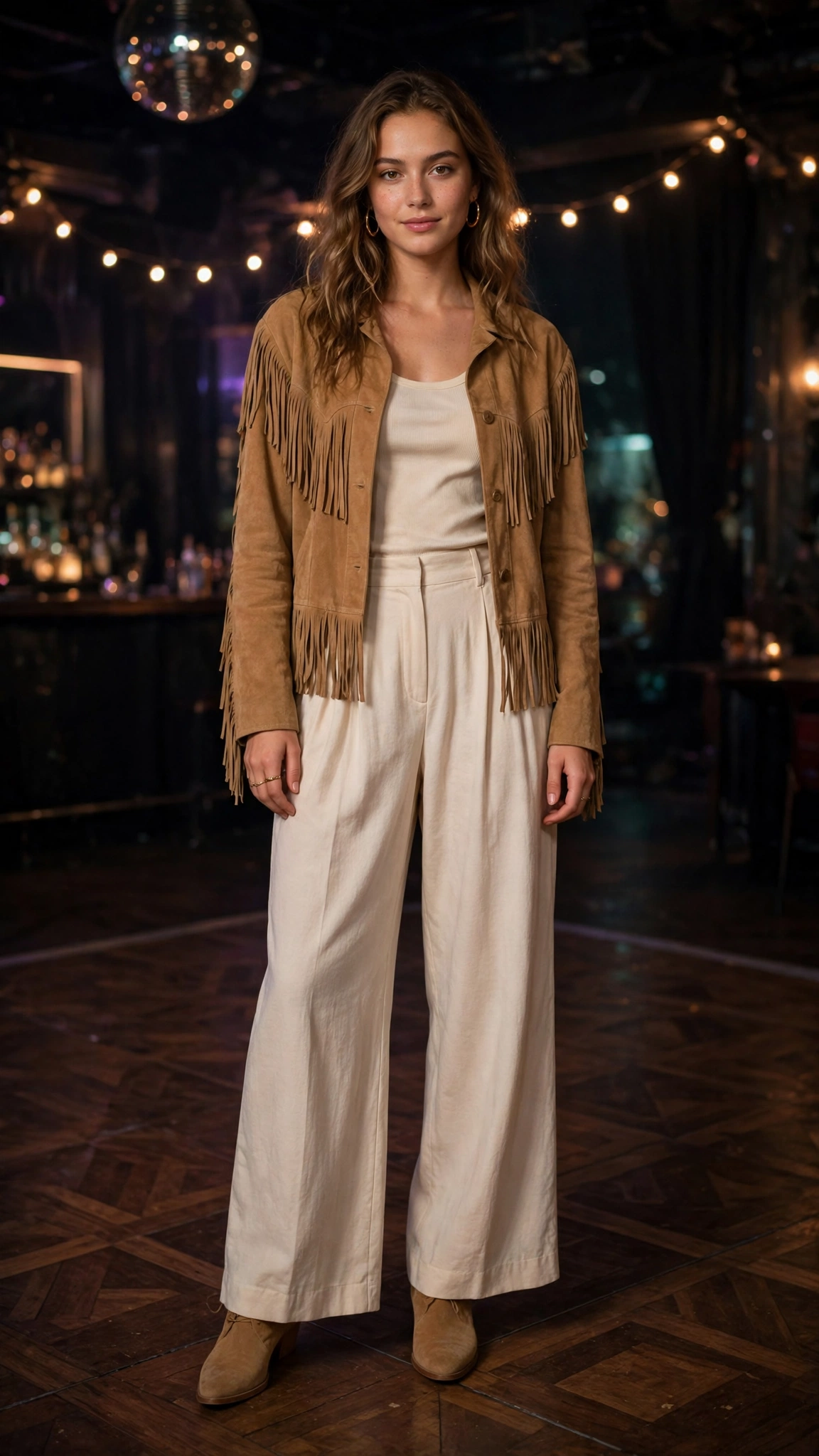 Tan suede fringe jacket and wide-leg trousers with gold hoop earrings