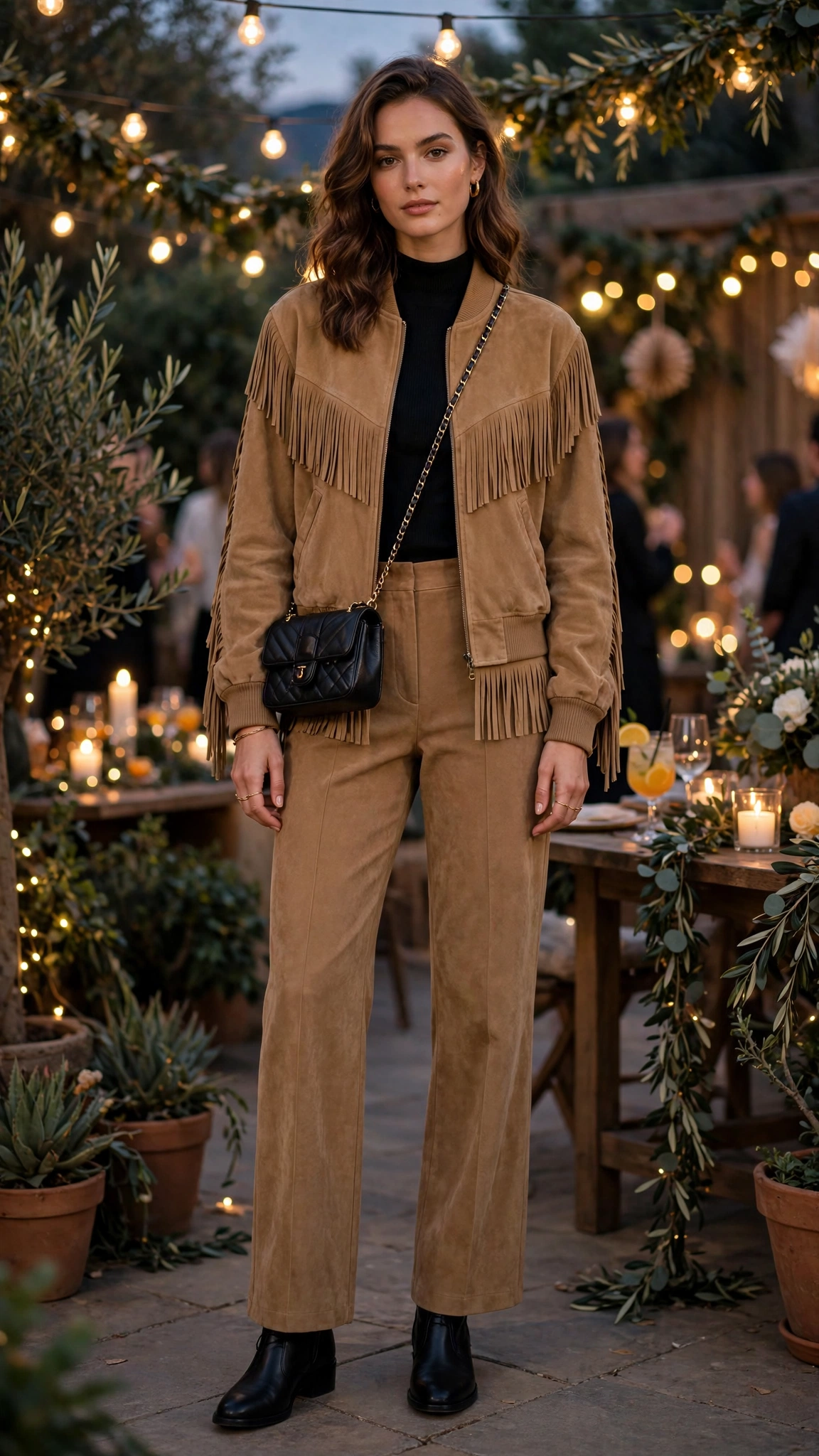Tan suede fringe bomber jacket and trousers with a crossbody bag