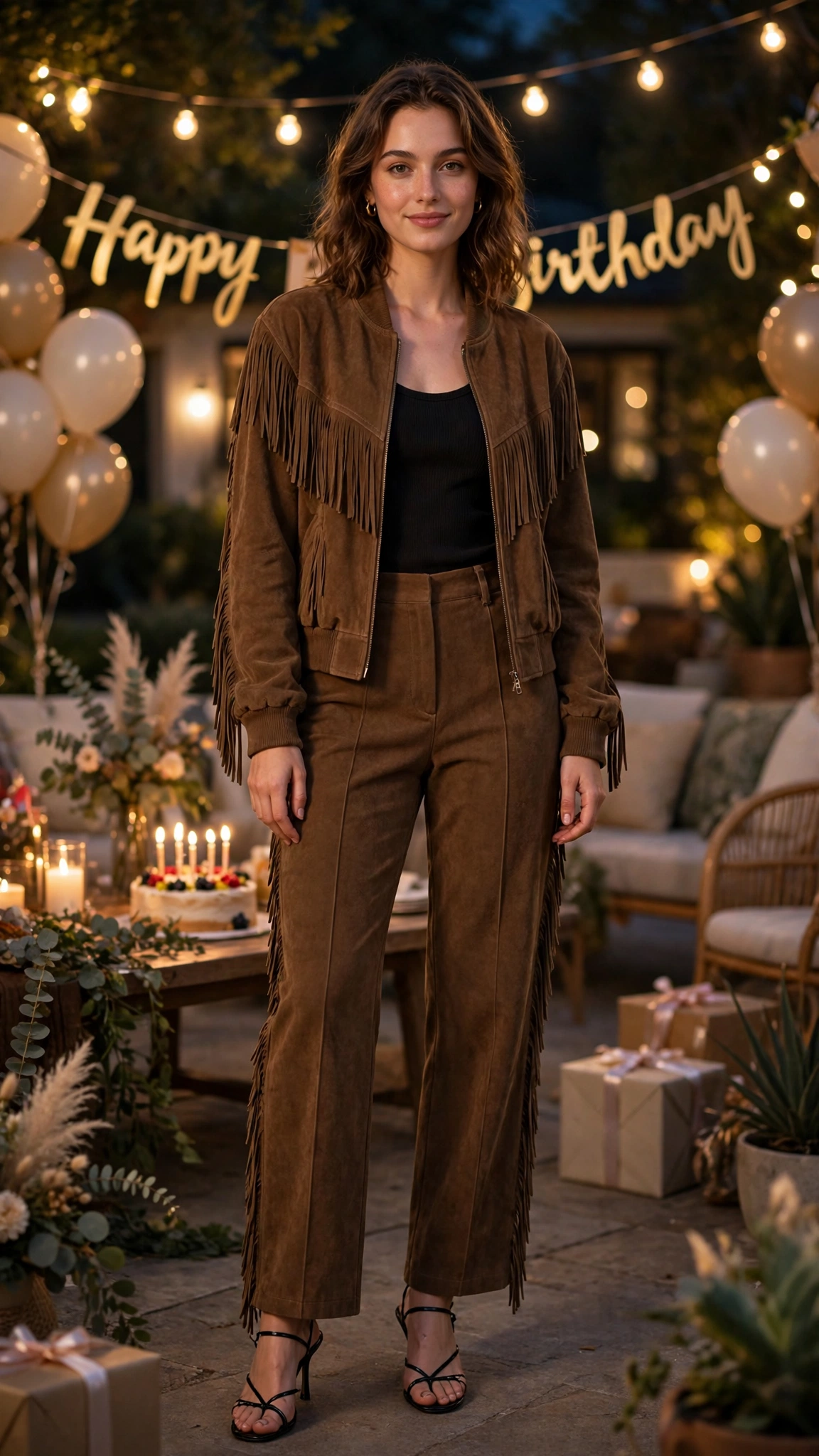 Brown suede fringe bomber jacket and trousers with strappy heels