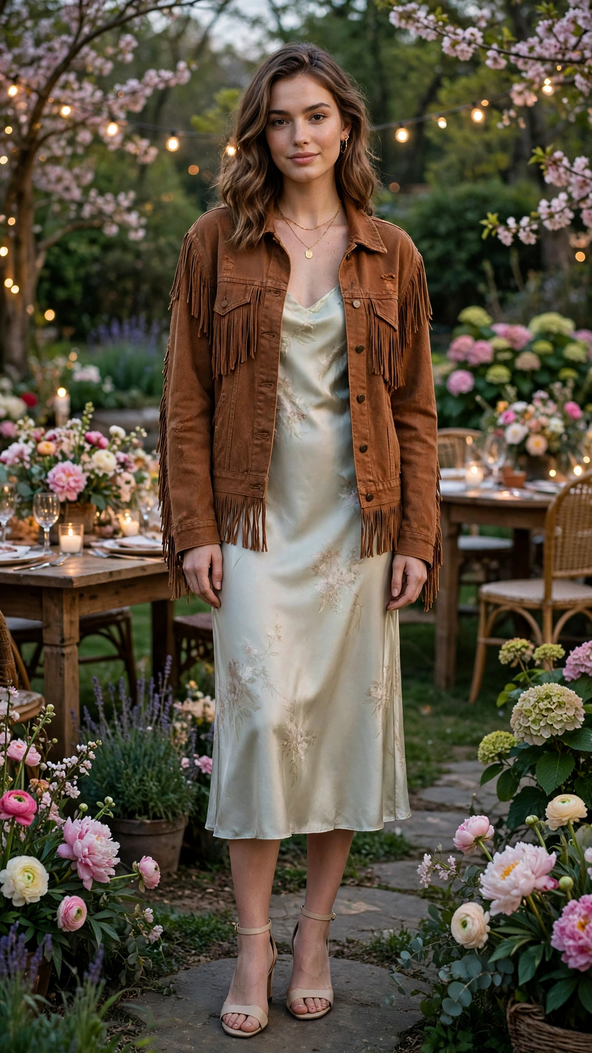 Cognac fringe denim jacket and a dress with a silk camisole