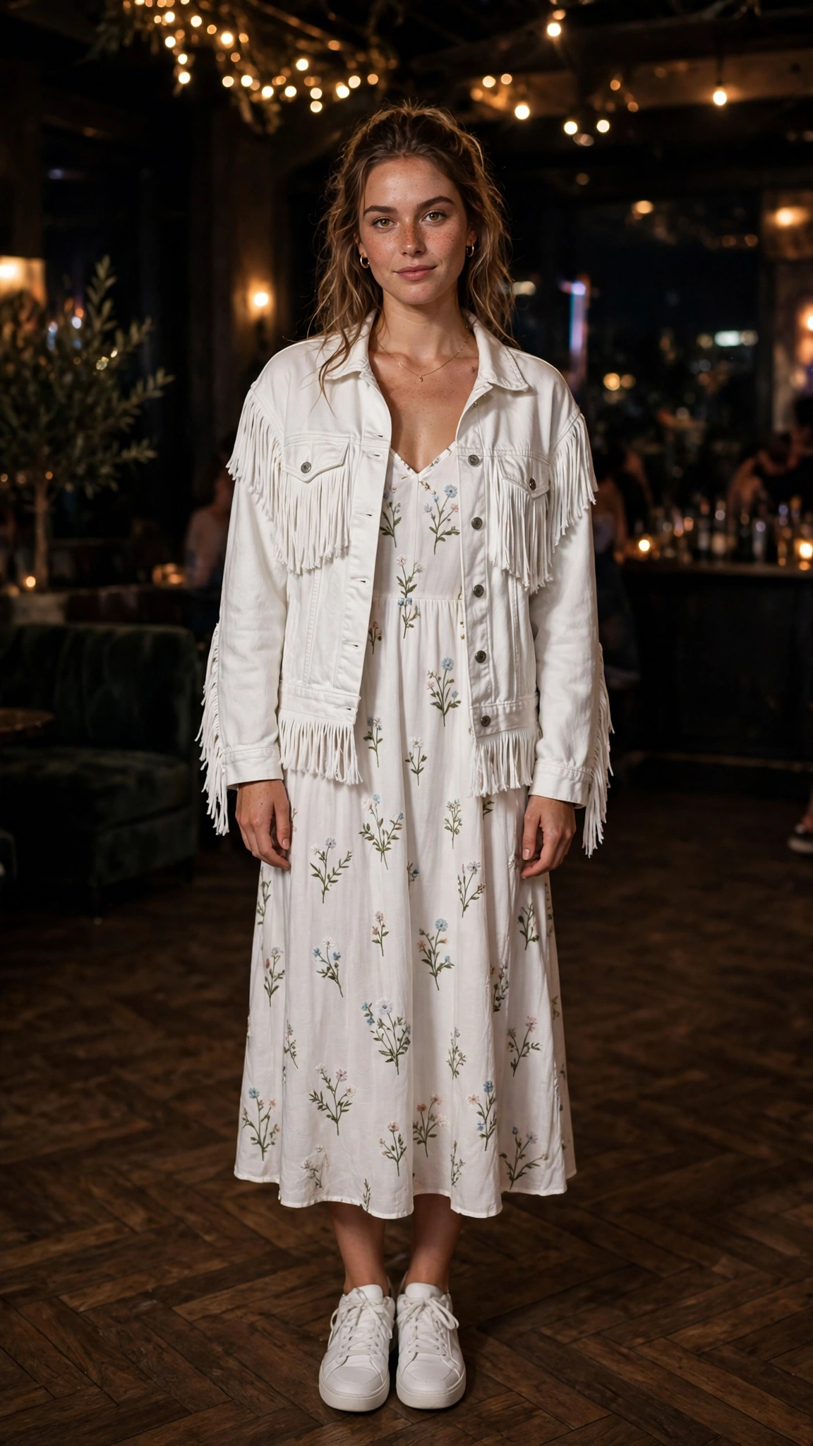 White fringe denim jacket and a dress with white sneakers