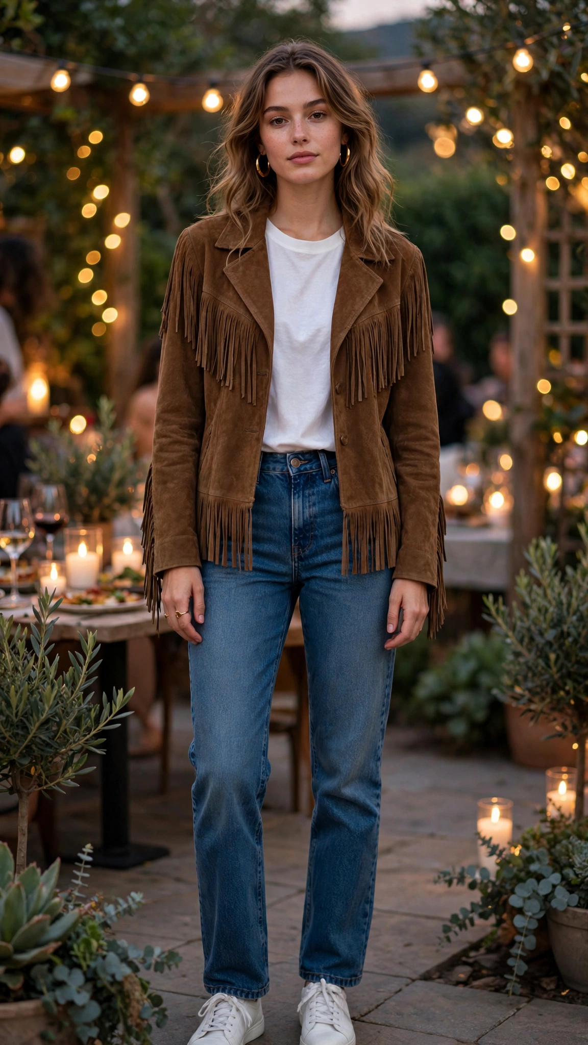 Brown suede leather fringe jacket and jeans with gold hoop earrings