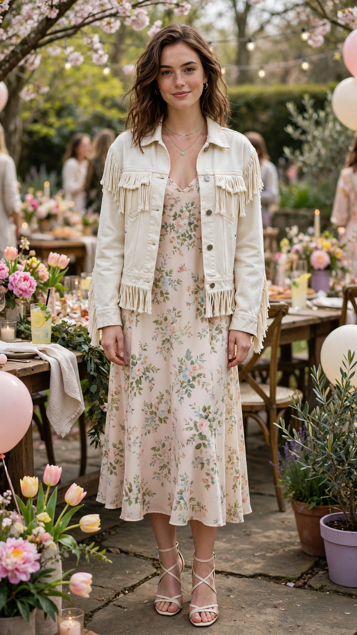 Cream fringe denim jacket and a dress with strappy heels