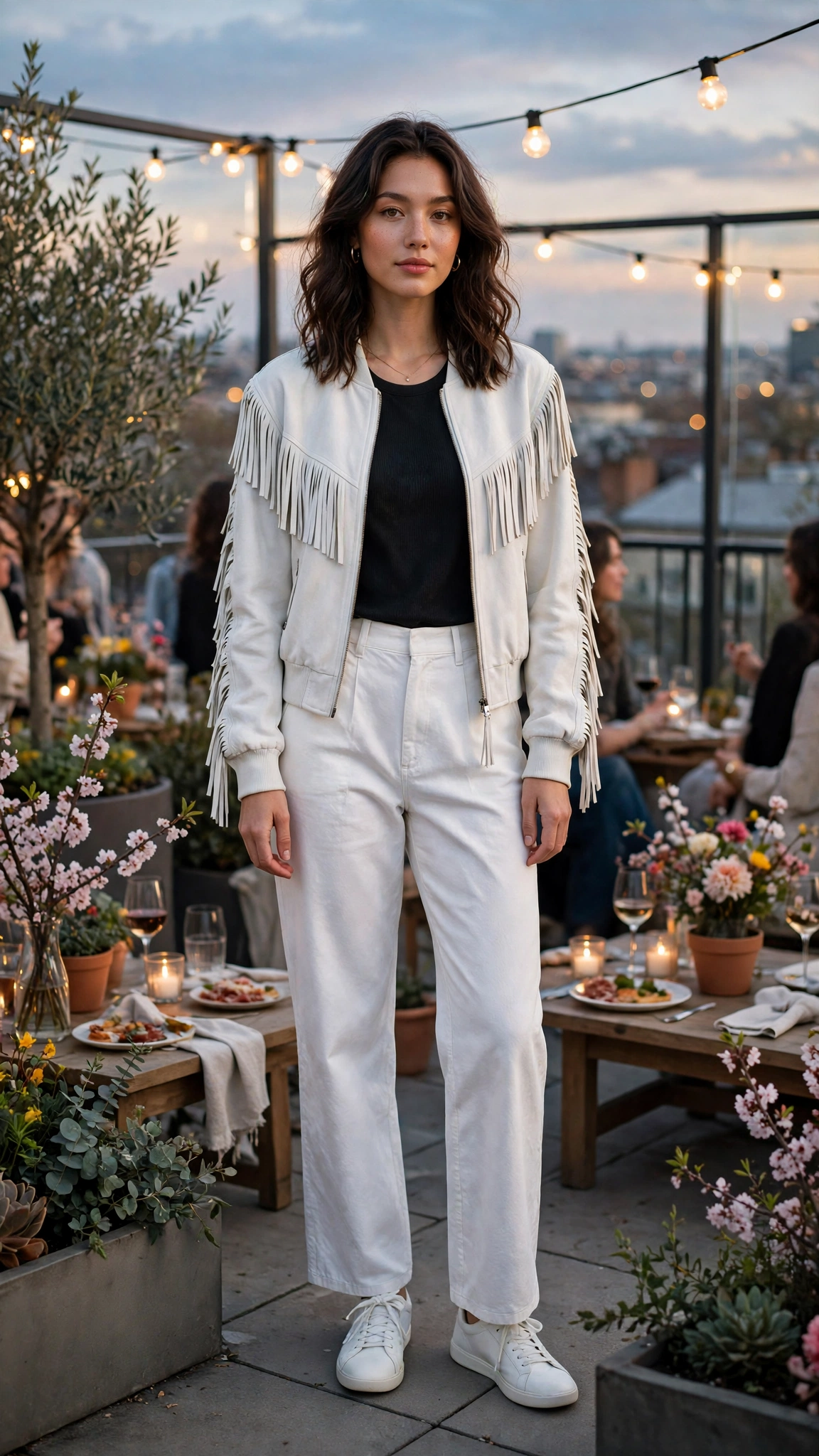 White fringe bomber jacket and trousers with white sneakers