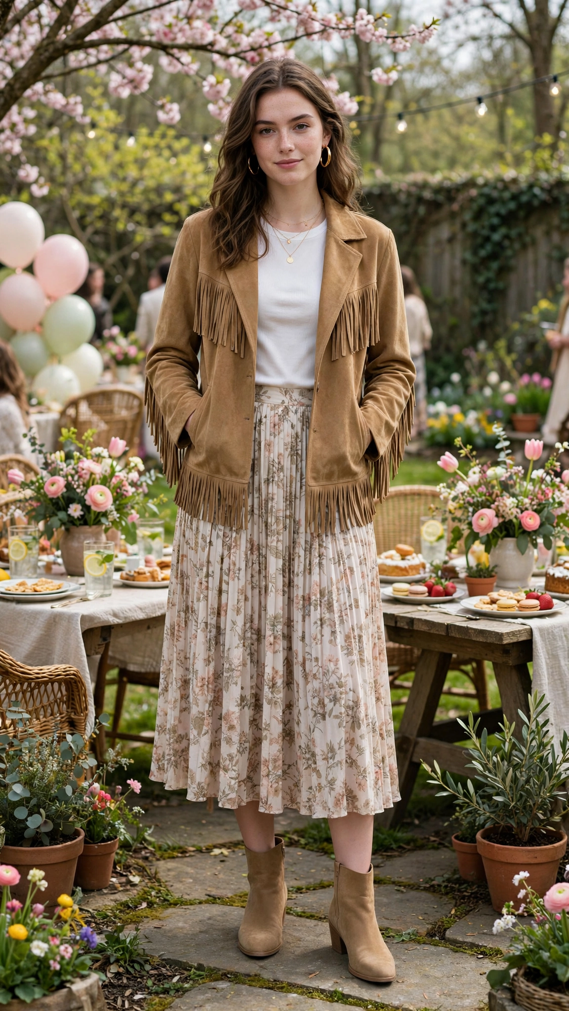 Tan suede fringe jacket and a midi skirt with gold hoop earrings