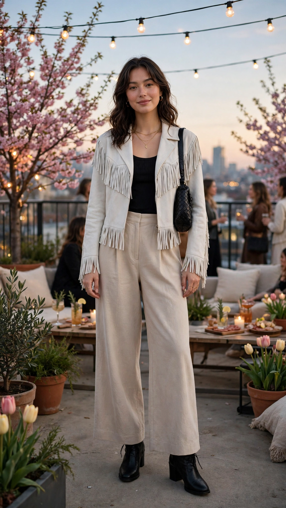 White fringe jacket and wide-leg trousers with ankle boots