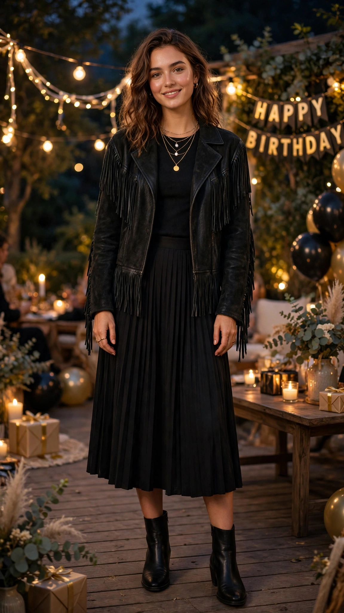 Black leather fringe jacket and a midi skirt with layered necklaces