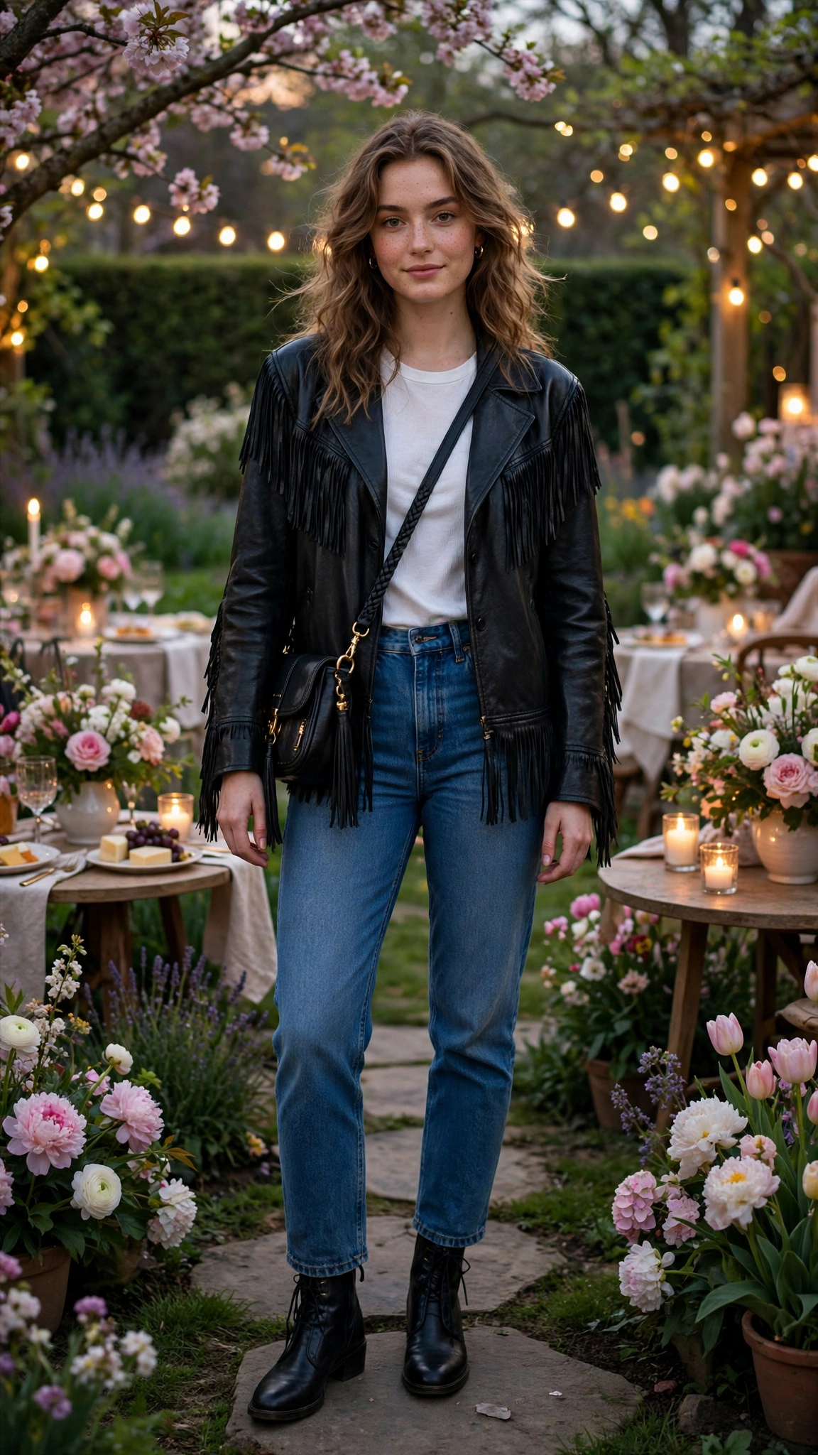 Black leather fringe jacket and jeans with a crossbody bag