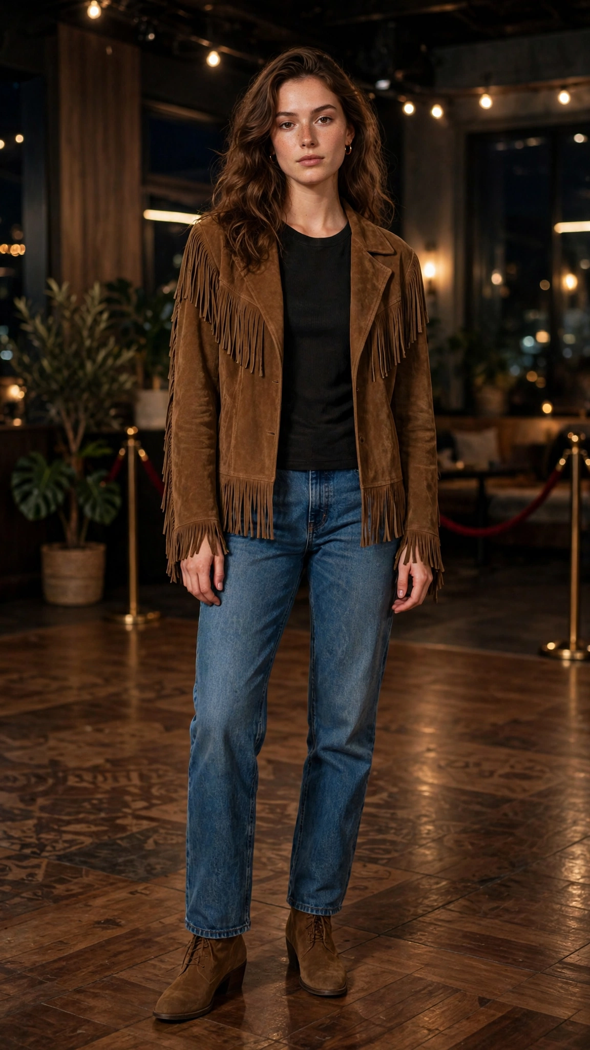 Brown suede leather fringe jacket and jeans with ankle boots