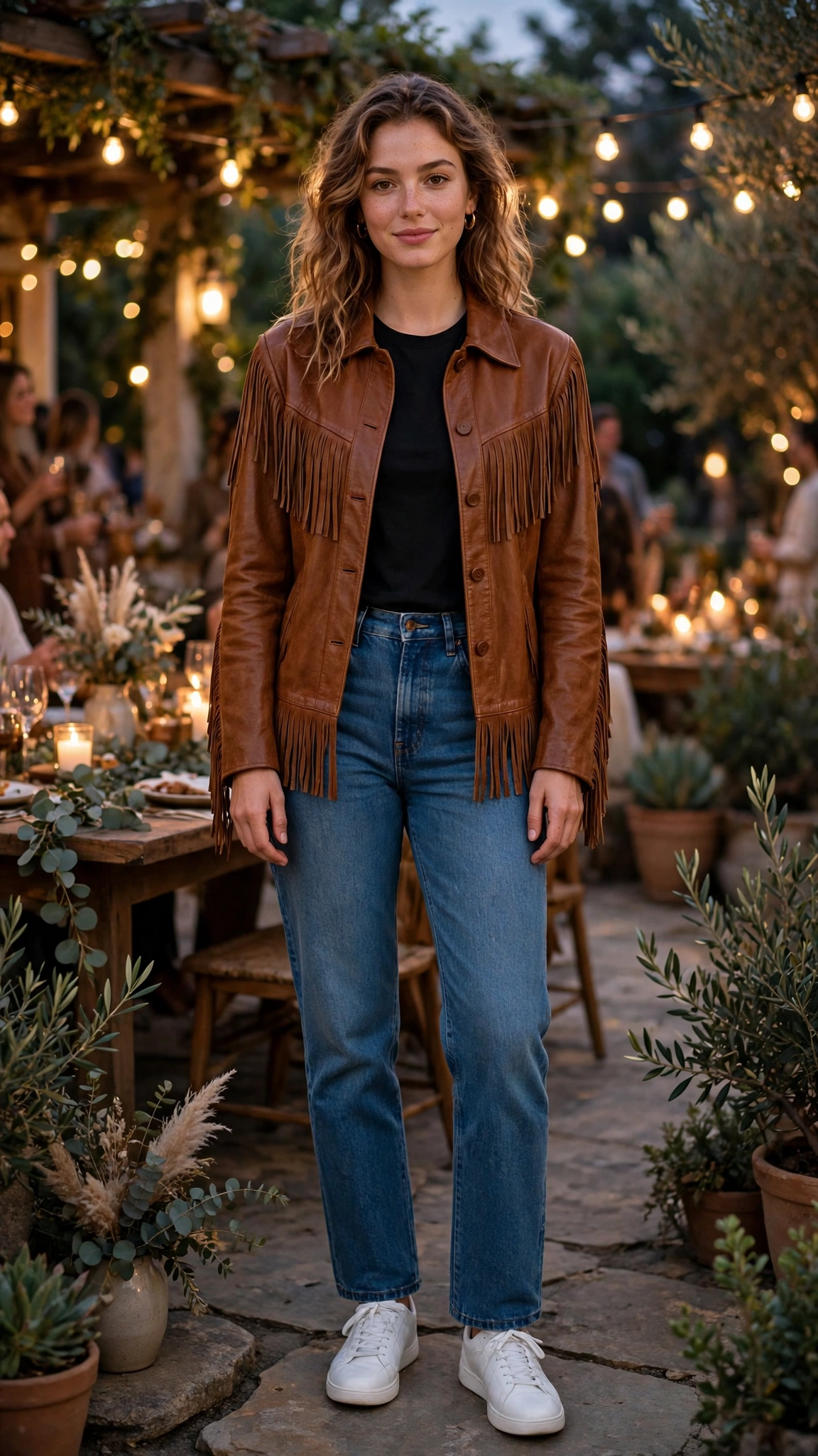 Cognac leather fringe jacket and jeans with white sneakers