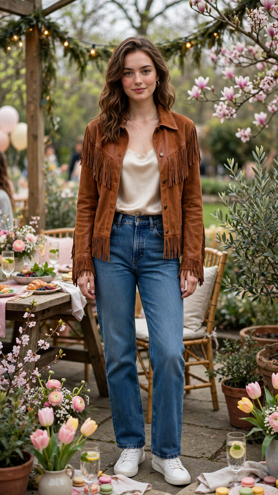 Cognac leather fringe jacket and jeans with a silk camisole