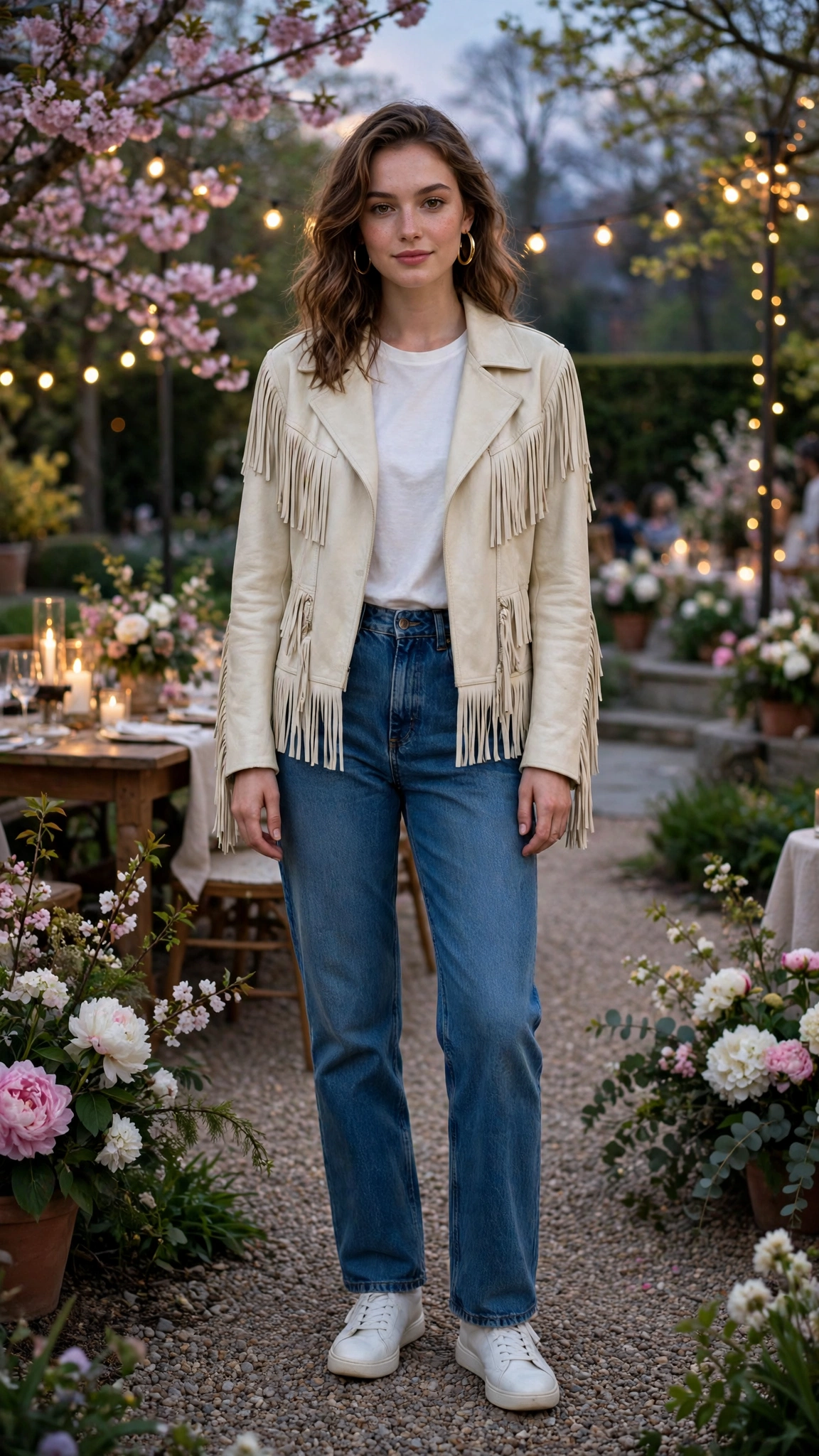Cream leather fringe jacket and jeans with gold hoop earrings