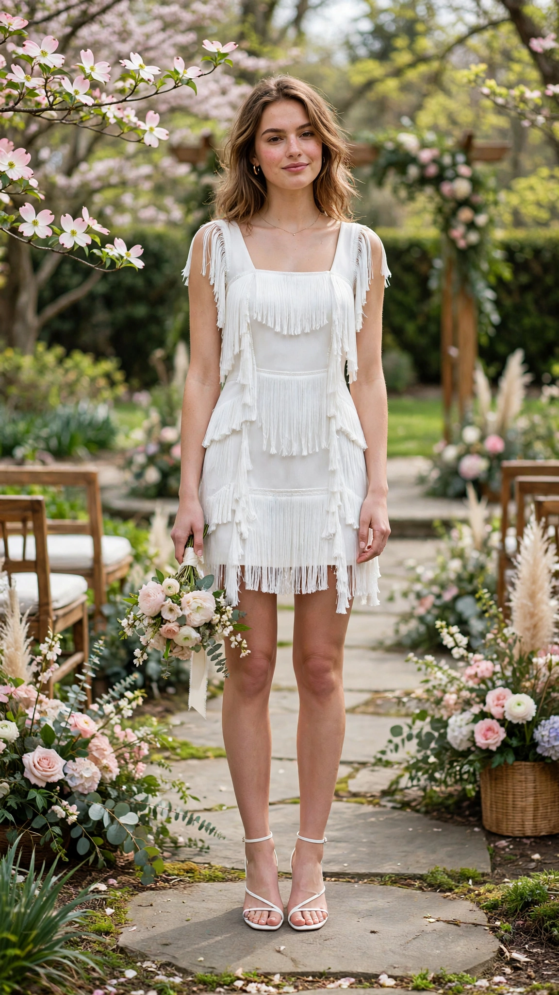 White fringe shift dress with strappy heels