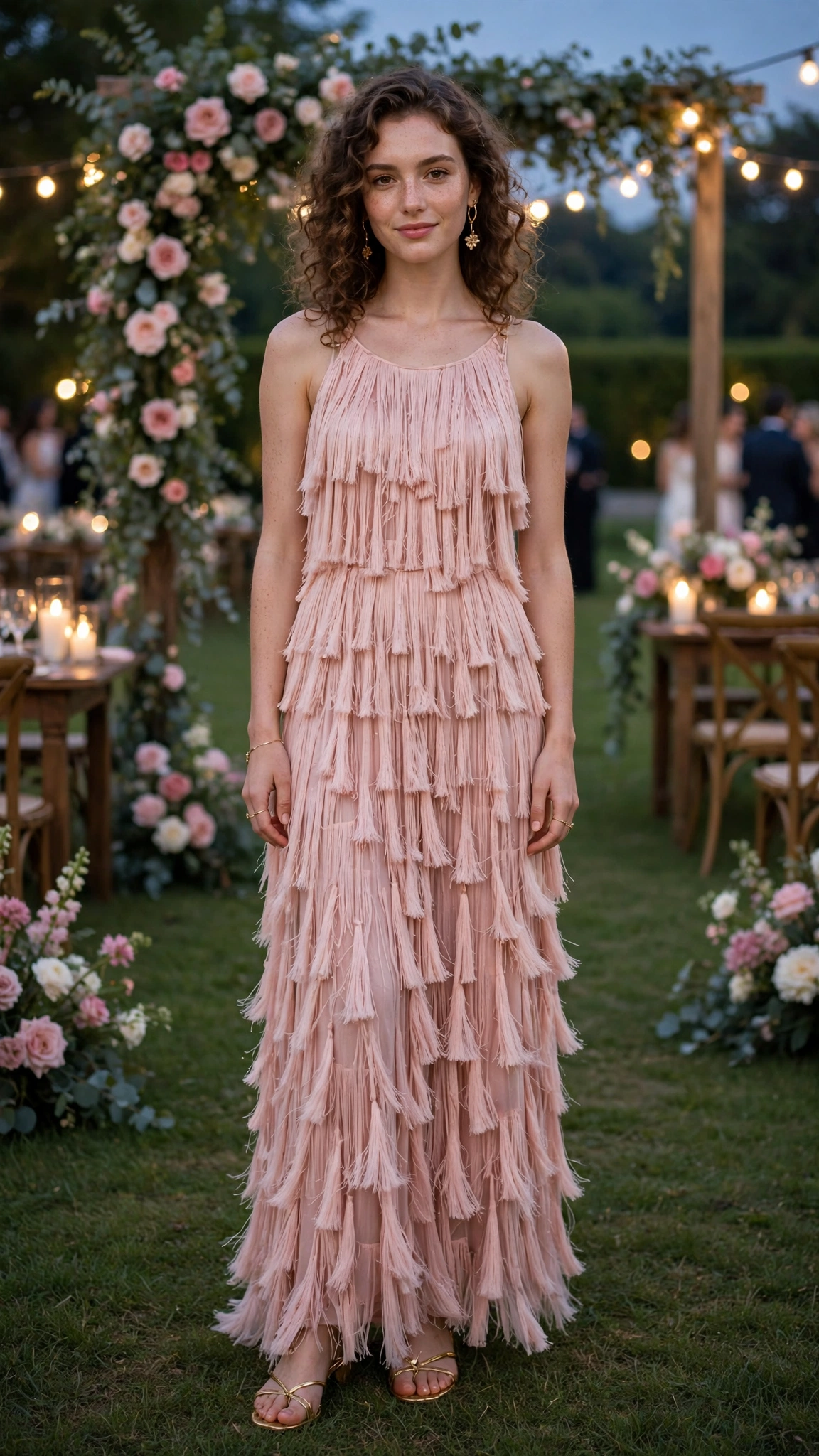 Blush fringe maxi dress with gold earrings