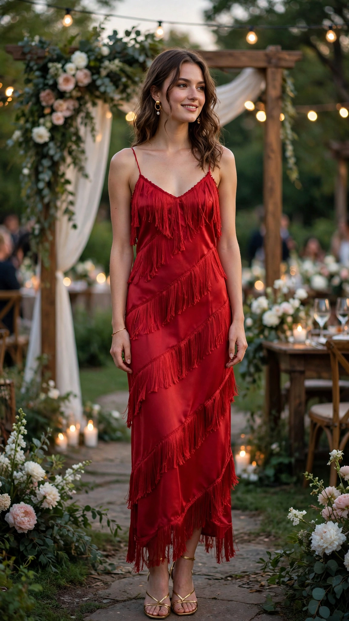 Red fringe slip dress with gold earrings