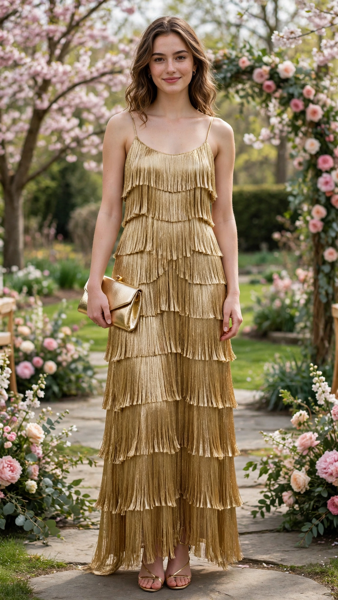 Gold fringe tiered dress with a metallic clutch