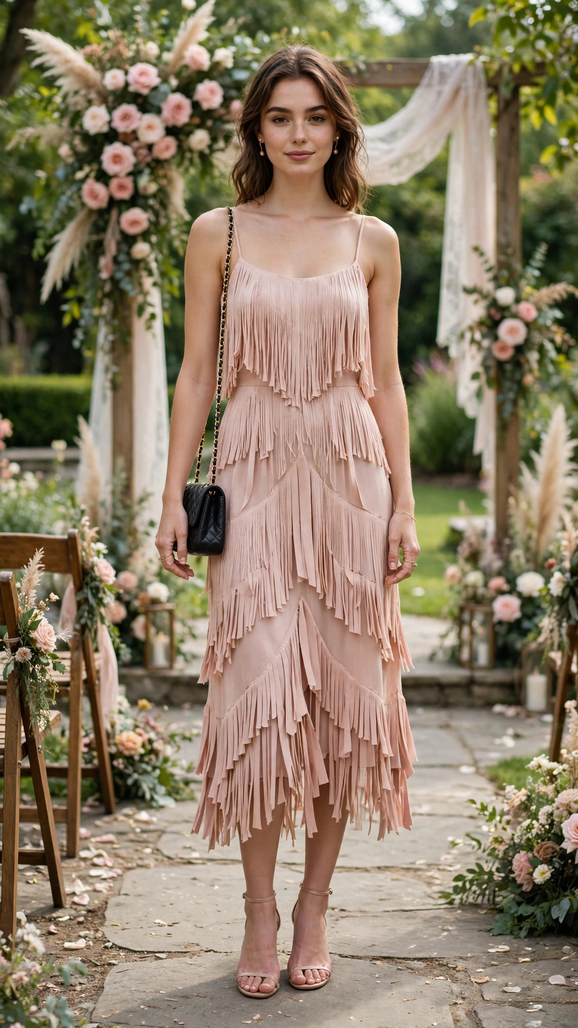 Blush fringe midi dress with a chain bag