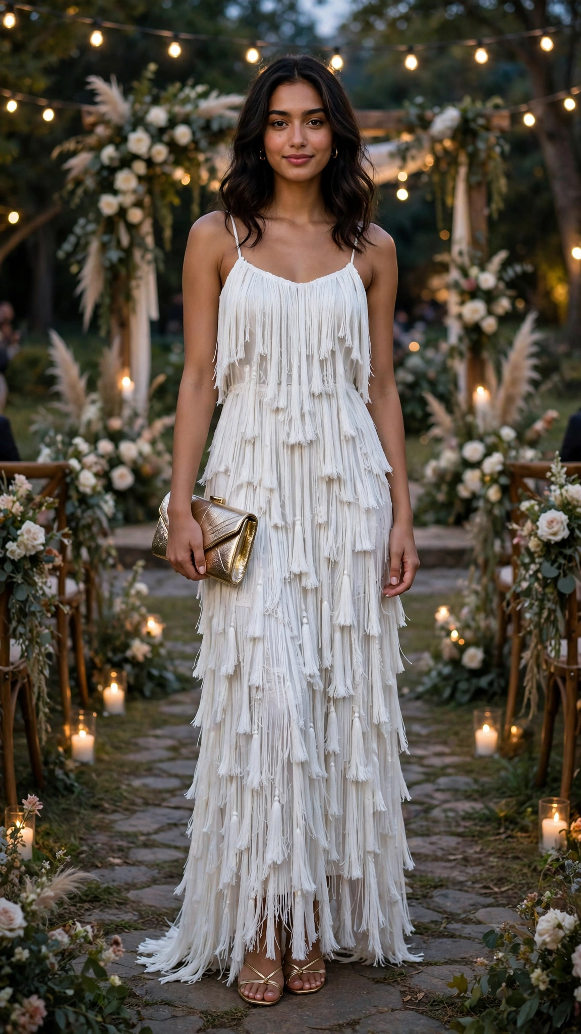 White fringe maxi dress with a metallic clutch