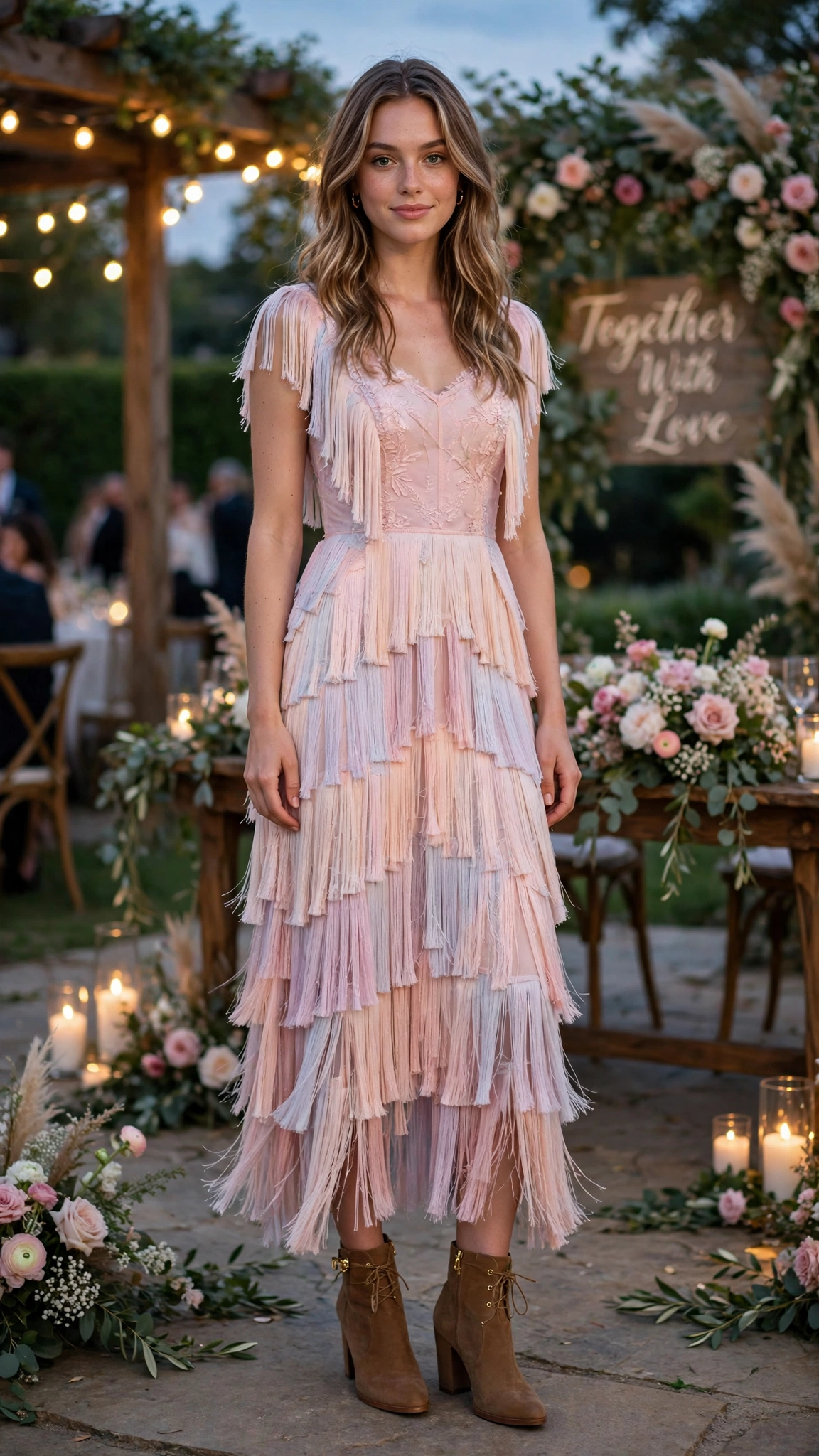 Pastel fringe cocktail dress with ankle boots