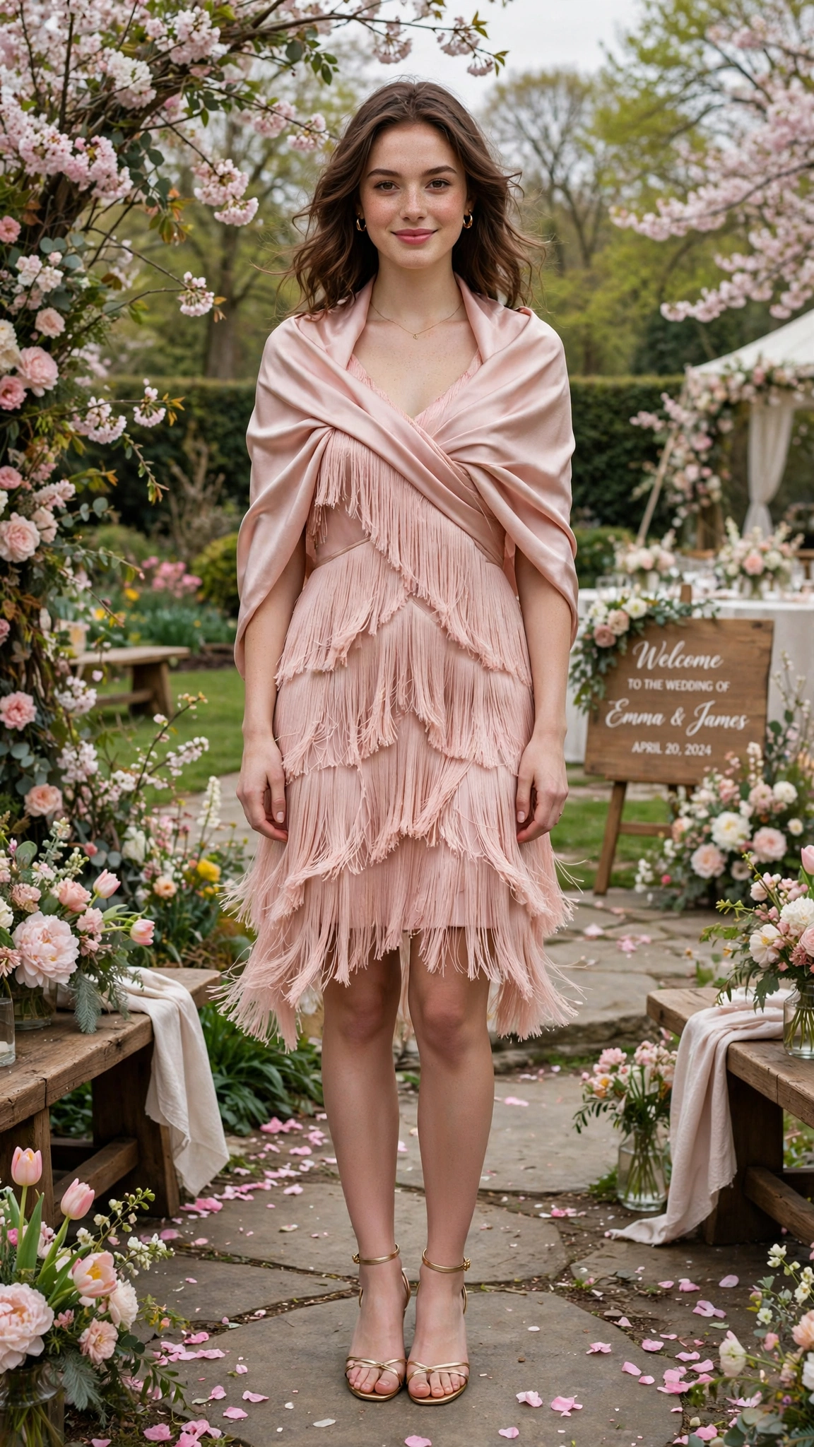 Blush fringe cocktail dress with a satin wrap