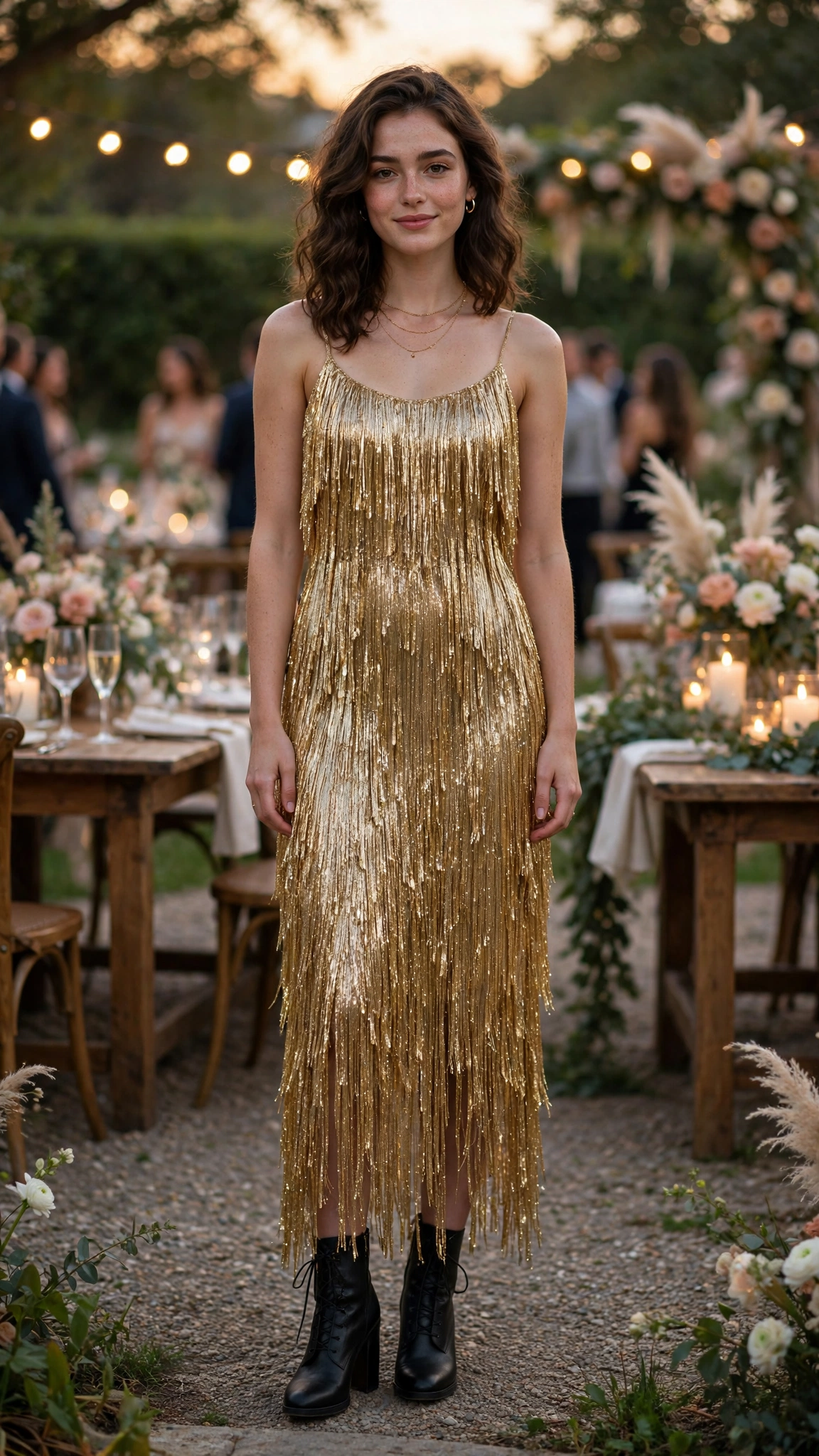 Gold fringe cocktail dress with ankle boots