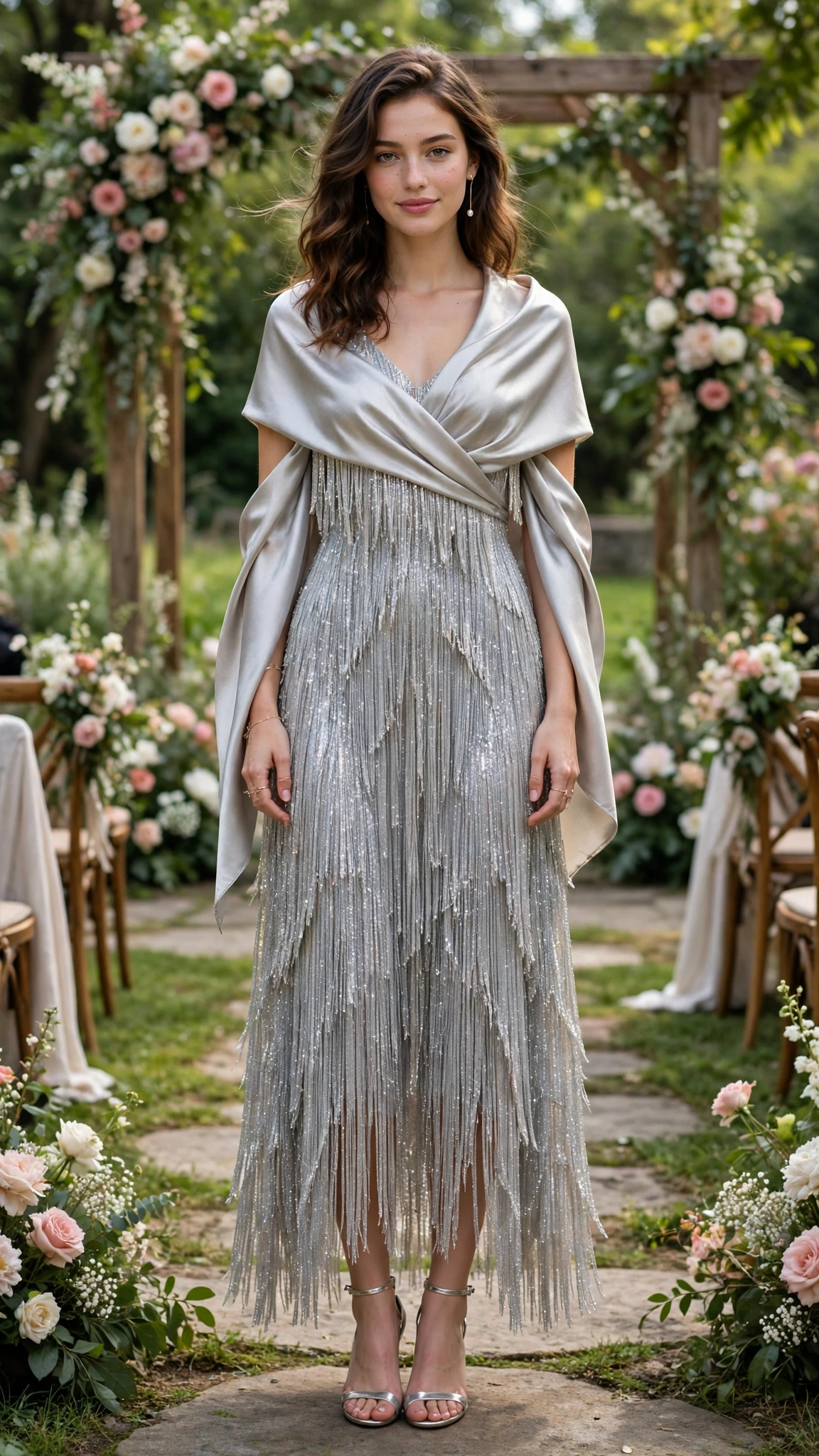 Silver fringe A-line dress with a satin wrap