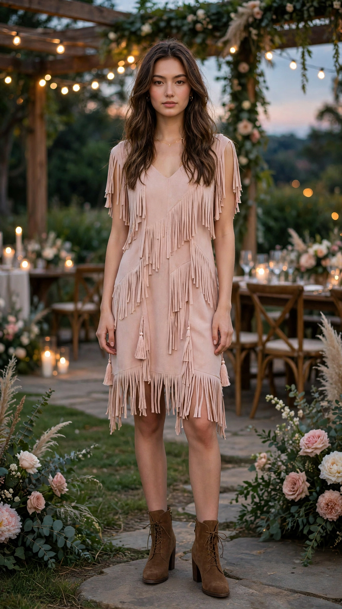Blush fringe shift dress with ankle boots