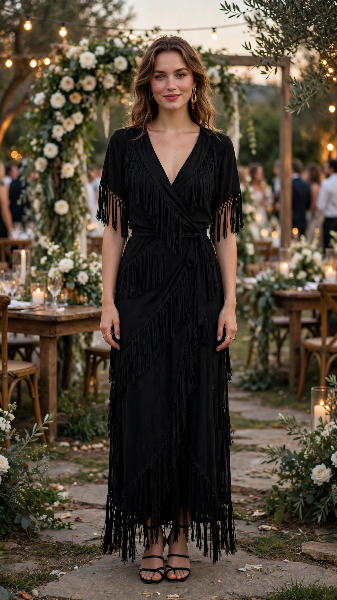 Black fringe wrap dress with gold earrings