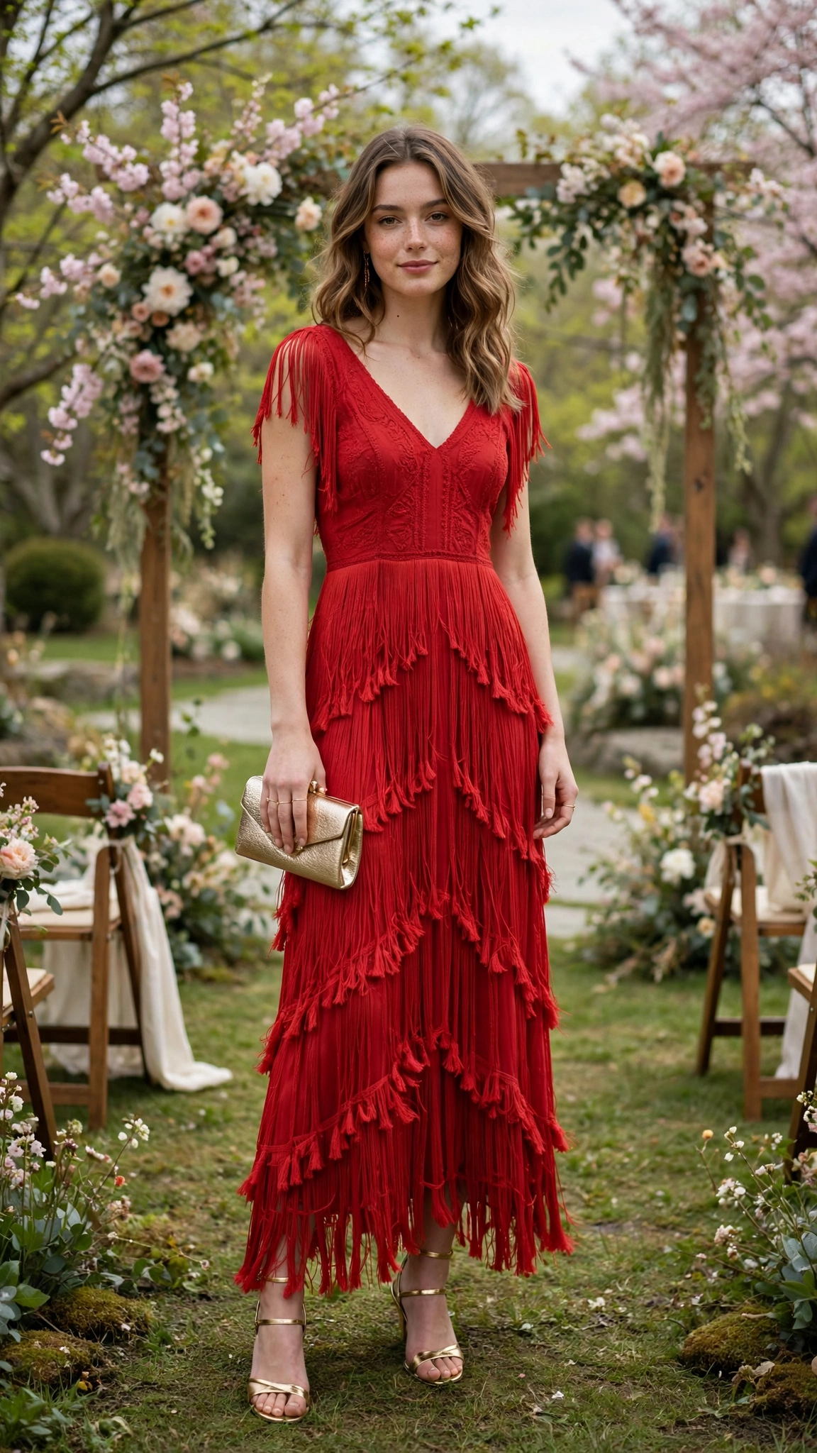 Red fringe maxi dress with a metallic clutch